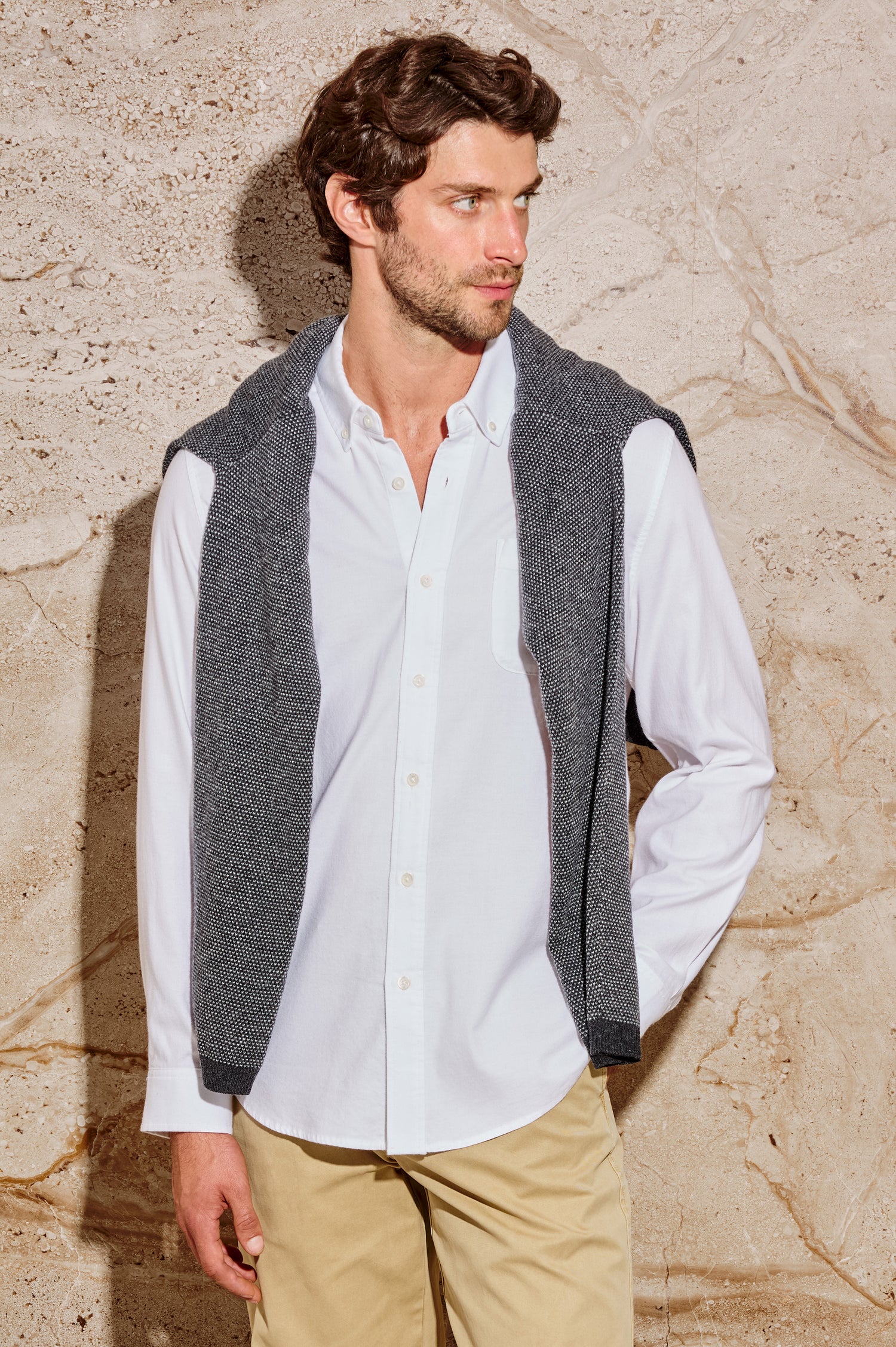Vance button front collared shirt with long sleeves, collard stand buttons and a single chest pocket in White colorway. Front view featured on model.