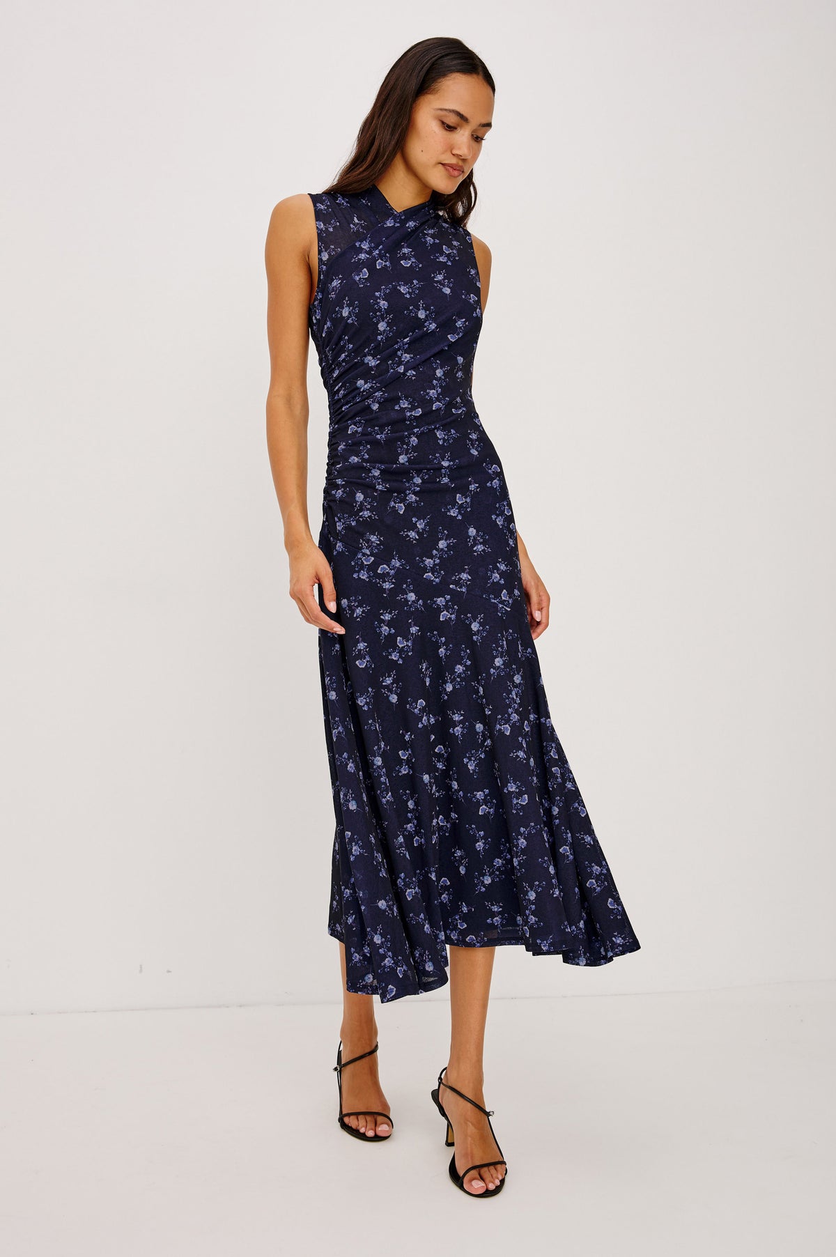 Vanya Maxi Dress in Stretch Mesh With Fitted Wrap-Style Bodice, Side Ruching, and Angled Tier Seam in Navy Romantic Floral Colorway - Full Body Front View Featured on Model