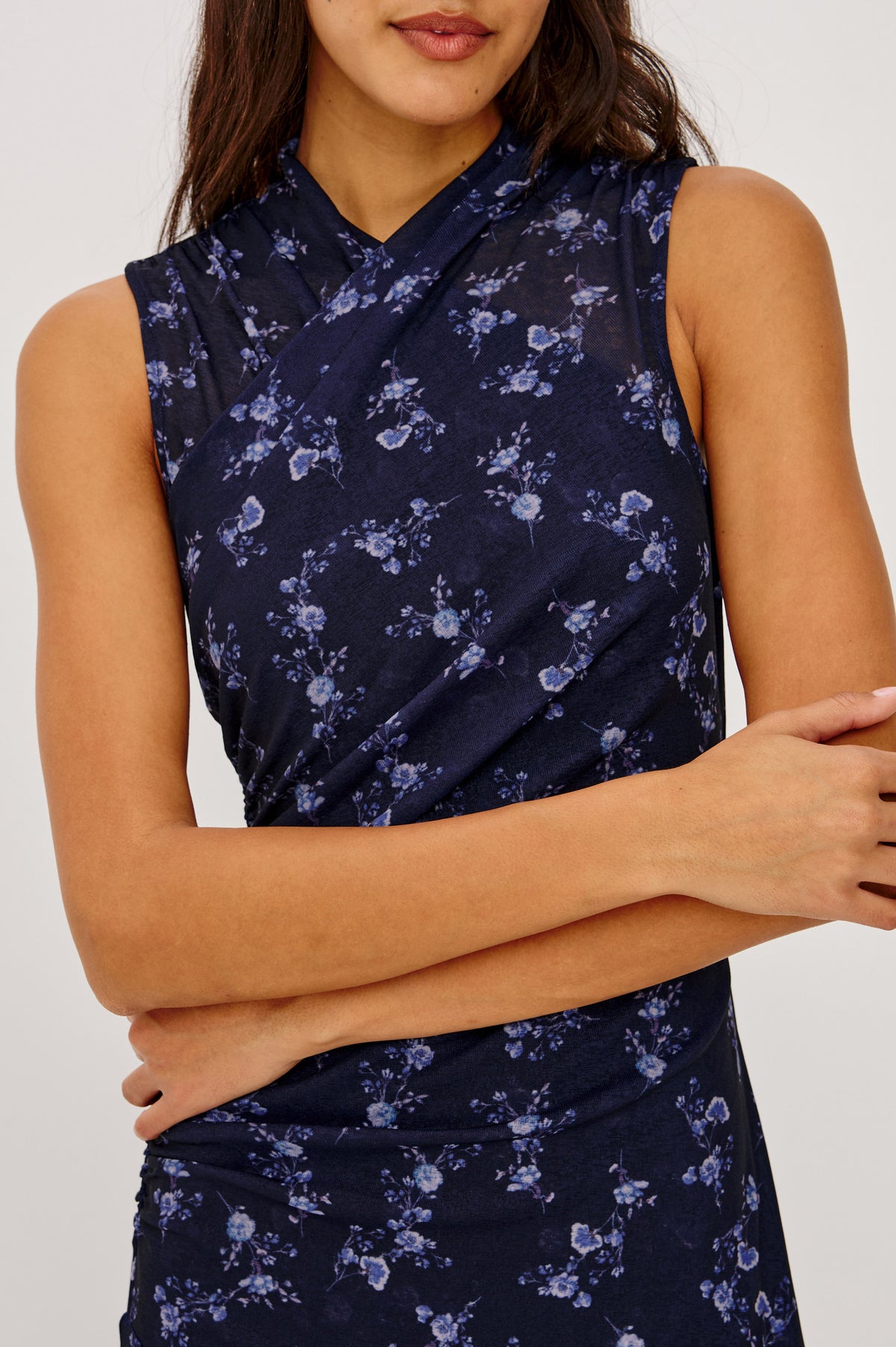 Vanya Maxi Dress in Stretch Mesh With Fitted Wrap-Style Bodice, Side Ruching, and Angled Tier Seam in Navy Romantic Floral Colorway - Front Detail Crop View Featured on Model