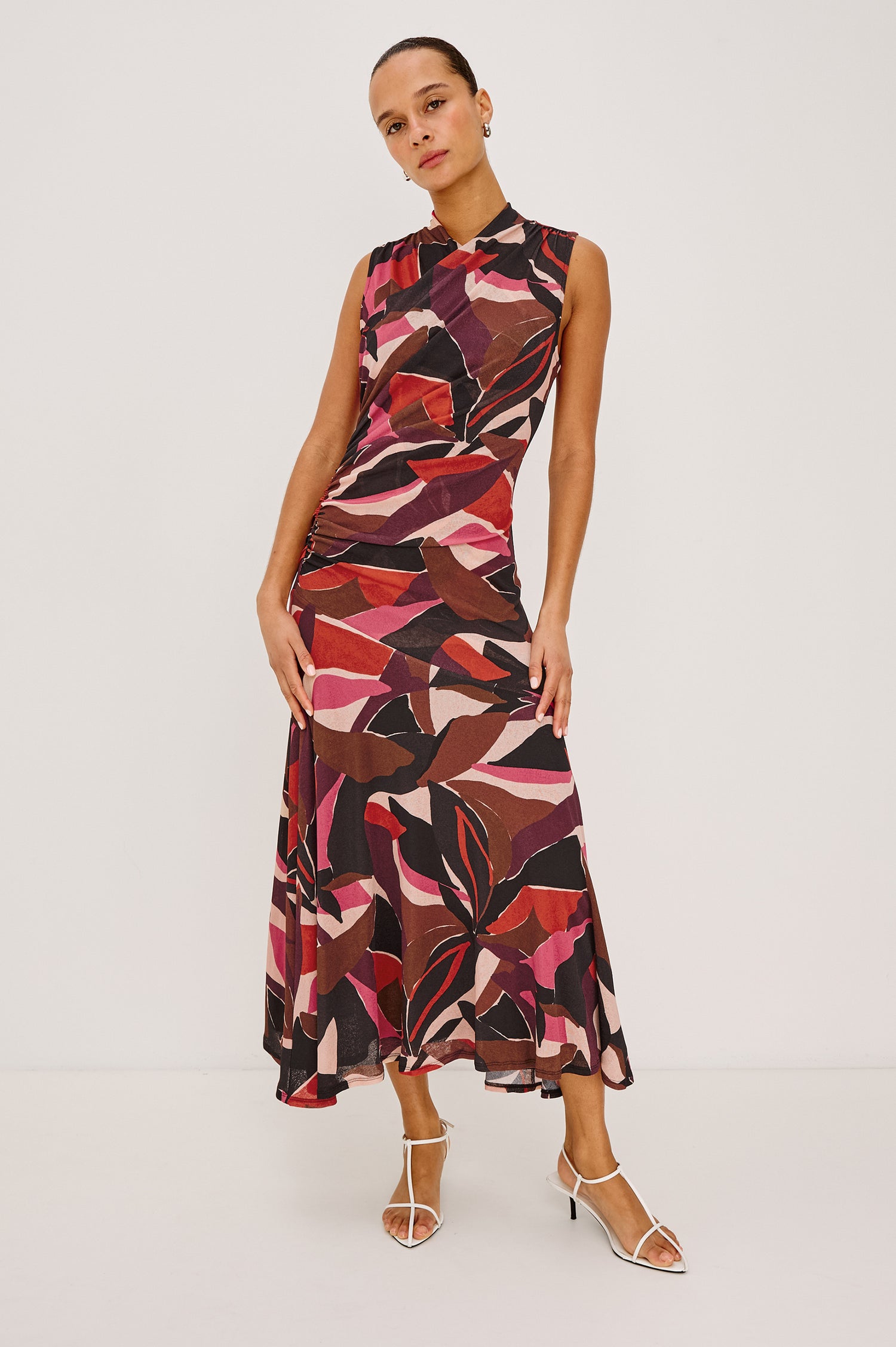 Vanya Maxi Dress in Stretch Mesh With Abstract Print, Wrap Style Bodice, Shirred Shoulders, Side Ruching in Paradise Colorway - Full Body Front View Featured on Model