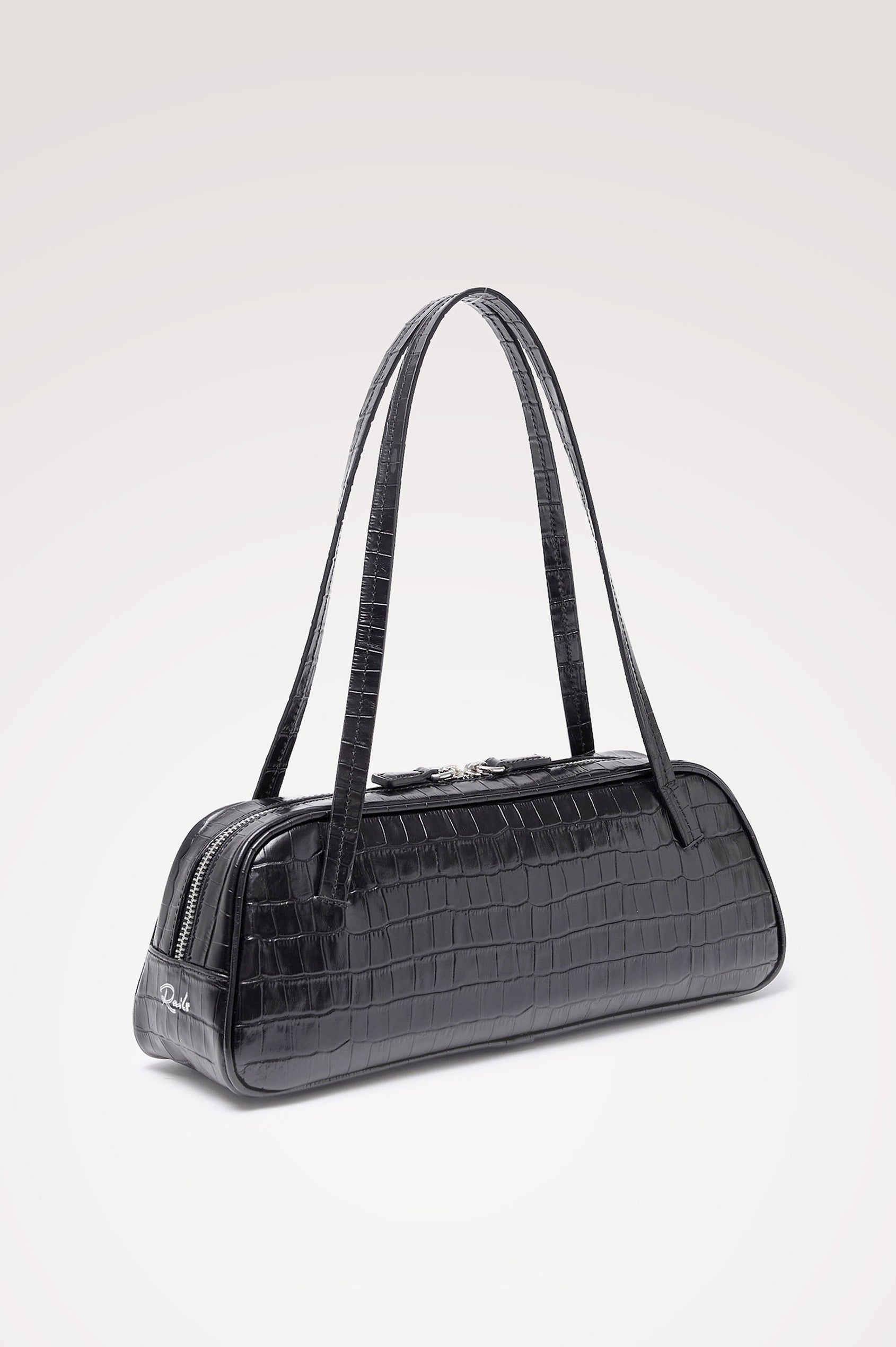 Varese Baguette Bag in Black Croc Embossed Leather With Top Straps, Top-Zip Closure, and Interior Slip Pocket - Front angled Product View Featured