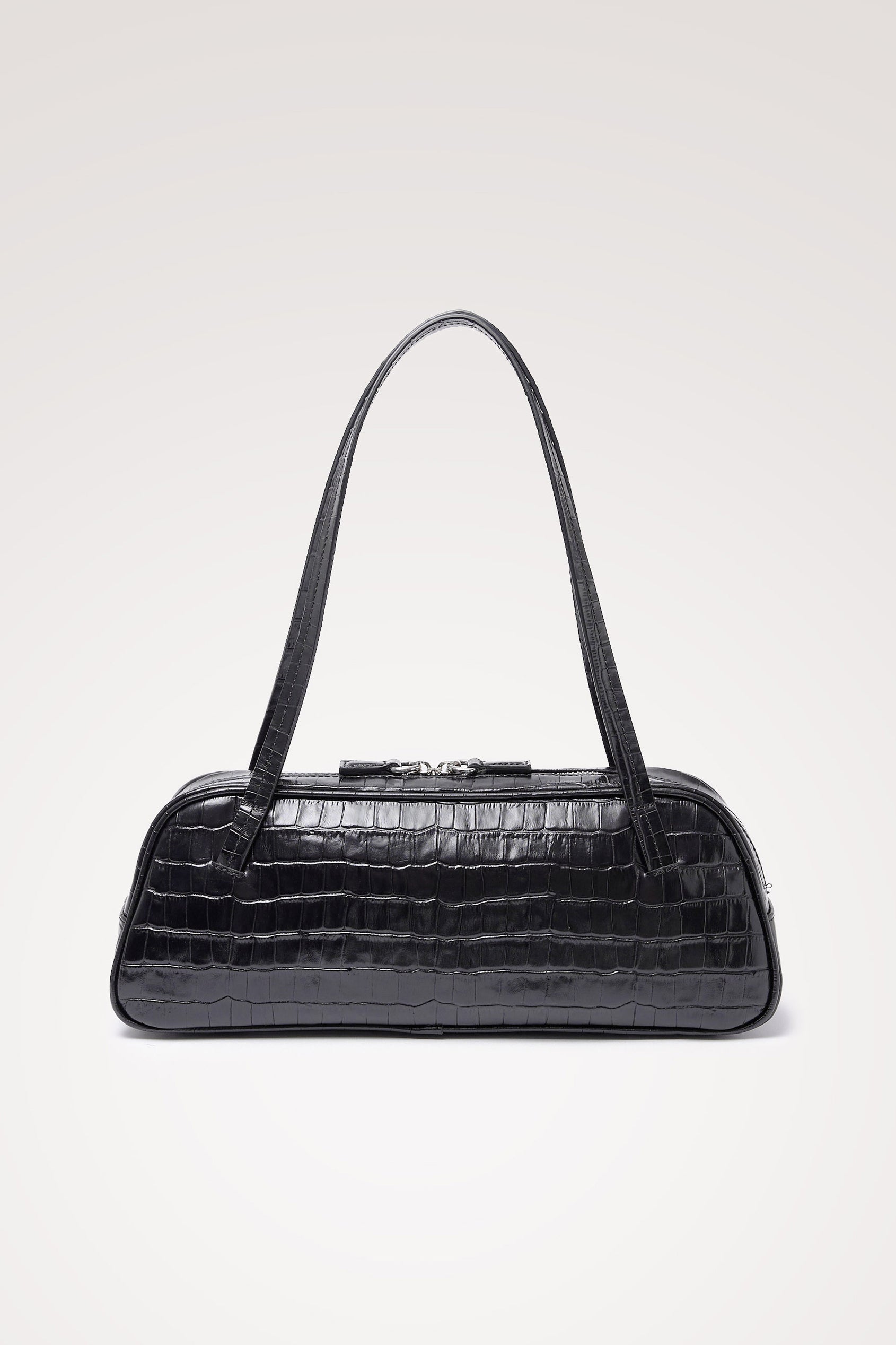 Varese Baguette Bag in Black Croc Embossed Leather With Top Straps, Top-Zip Closure, and Interior Slip Pocket - Front Product View Featured