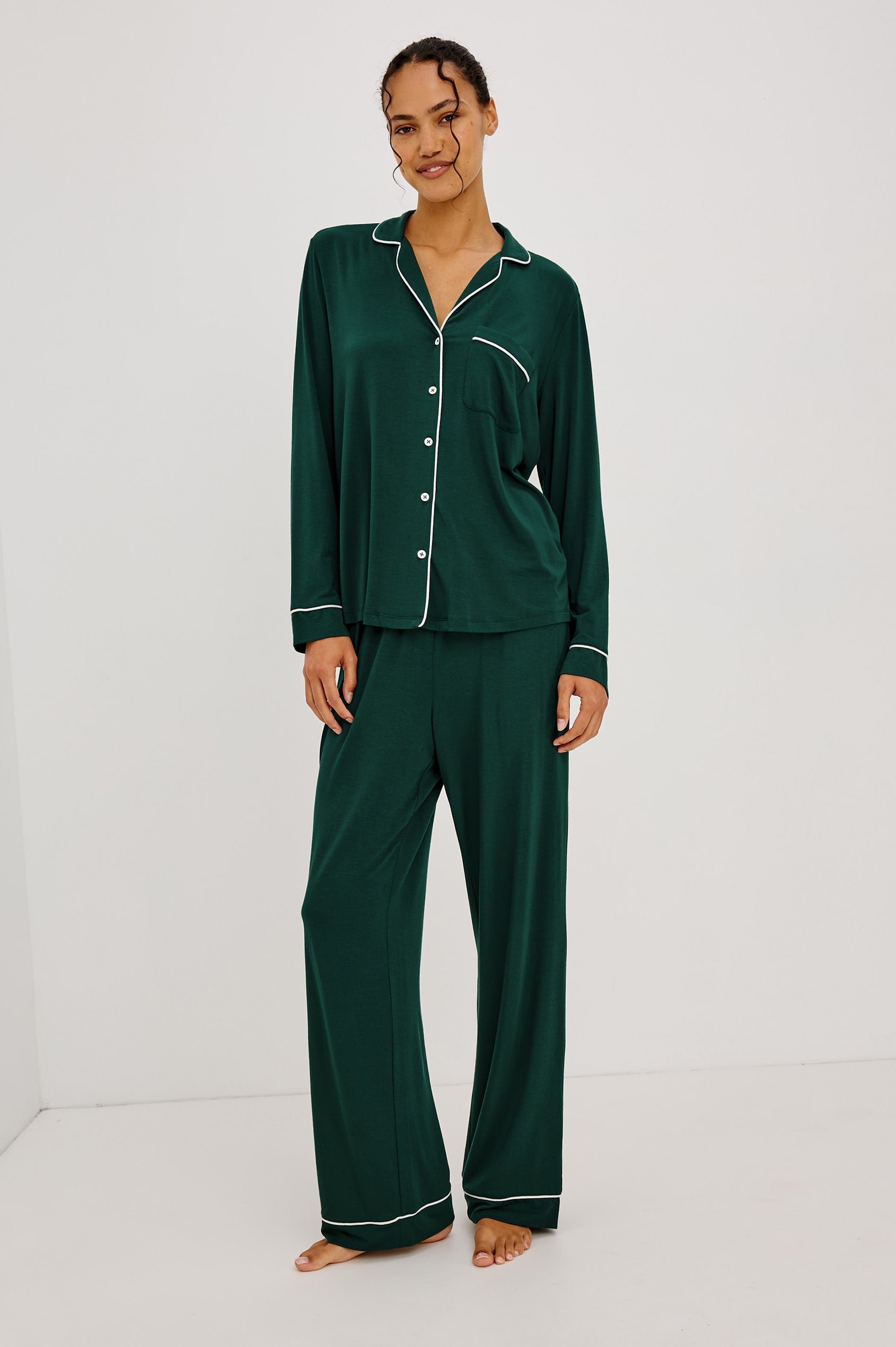 Varra Pajama Set in Soft Jersey With Contrast Piping, Relaxed Fit, Long Sleeve Collared Button-Up Shirt, and Straight-Leg Pants in Evergreen Colorway - Full Body Front View Featured on Model