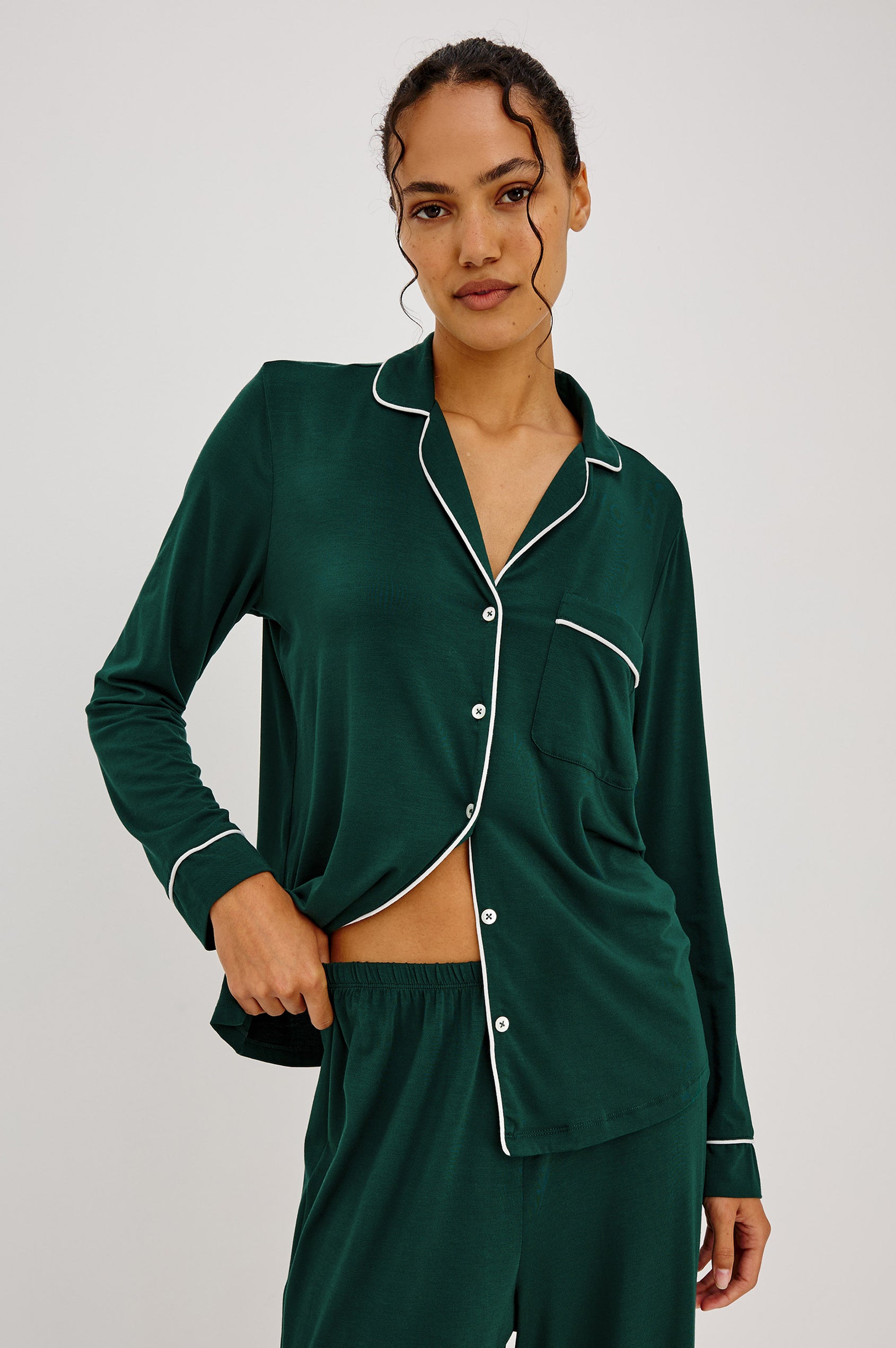 Varra Pajama Set in Soft Jersey With Contrast Piping, Relaxed Fit, Long Sleeve Collared Button-Up Shirt, and Straight-Leg Pants in Evergreen Colorway - Upper Body Front View Featured on Model