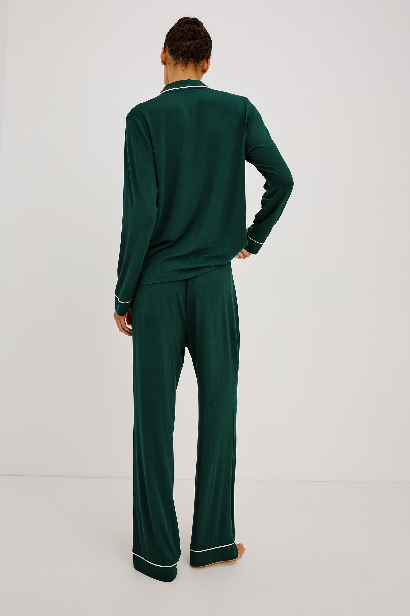 Varra Pajama Set in Soft Jersey With Contrast Piping, Relaxed Fit, Long Sleeve Collared Button-Up Shirt, and Straight-Leg Pants in Evergreen Colorway - Full Body Back View Featured on Model