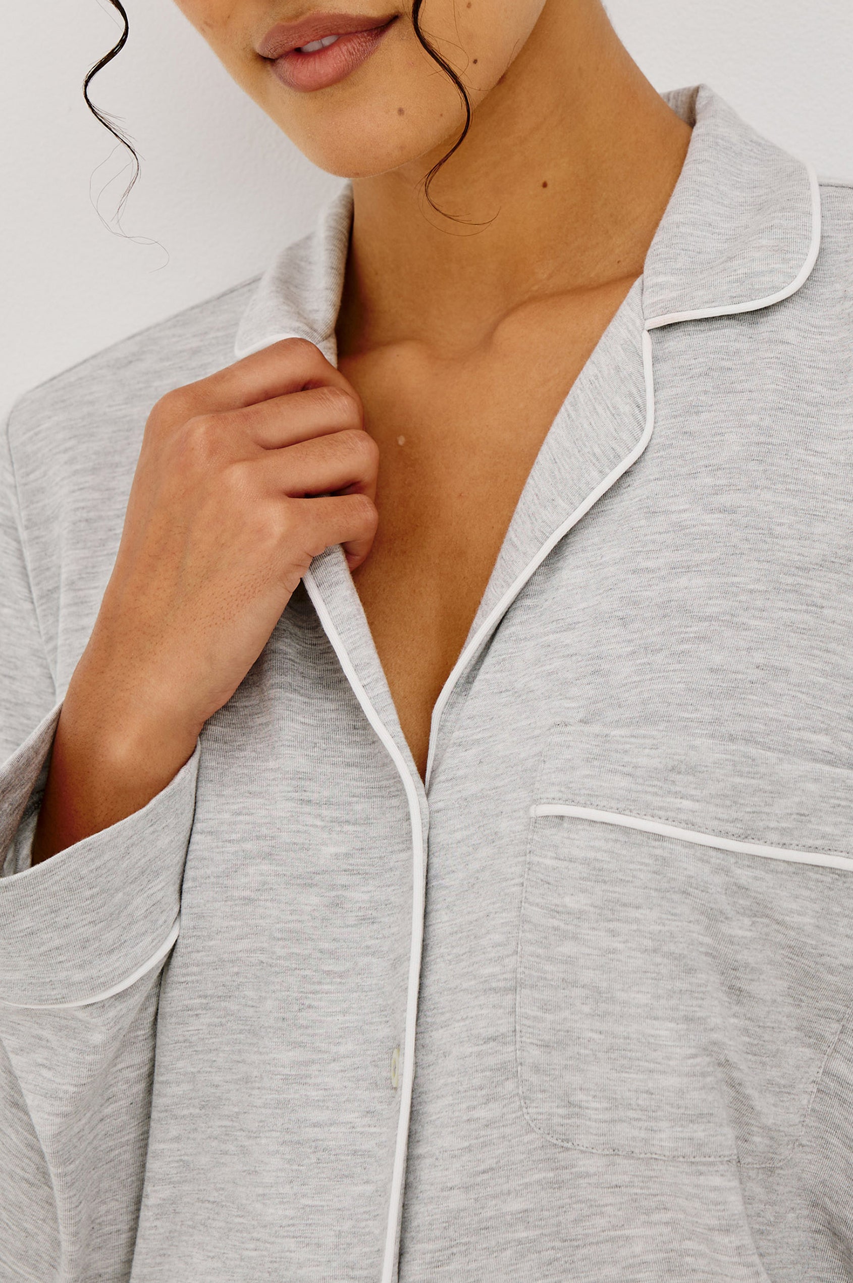 Varra Pajama Set in Soft Jersey With Contrast Piping, Relaxed Fit, Long Sleeve Collared Button-Up Shirt, and Straight-Leg Pants in Heather Grey Colorway - Upper Body Close Up Front View Featured on Model