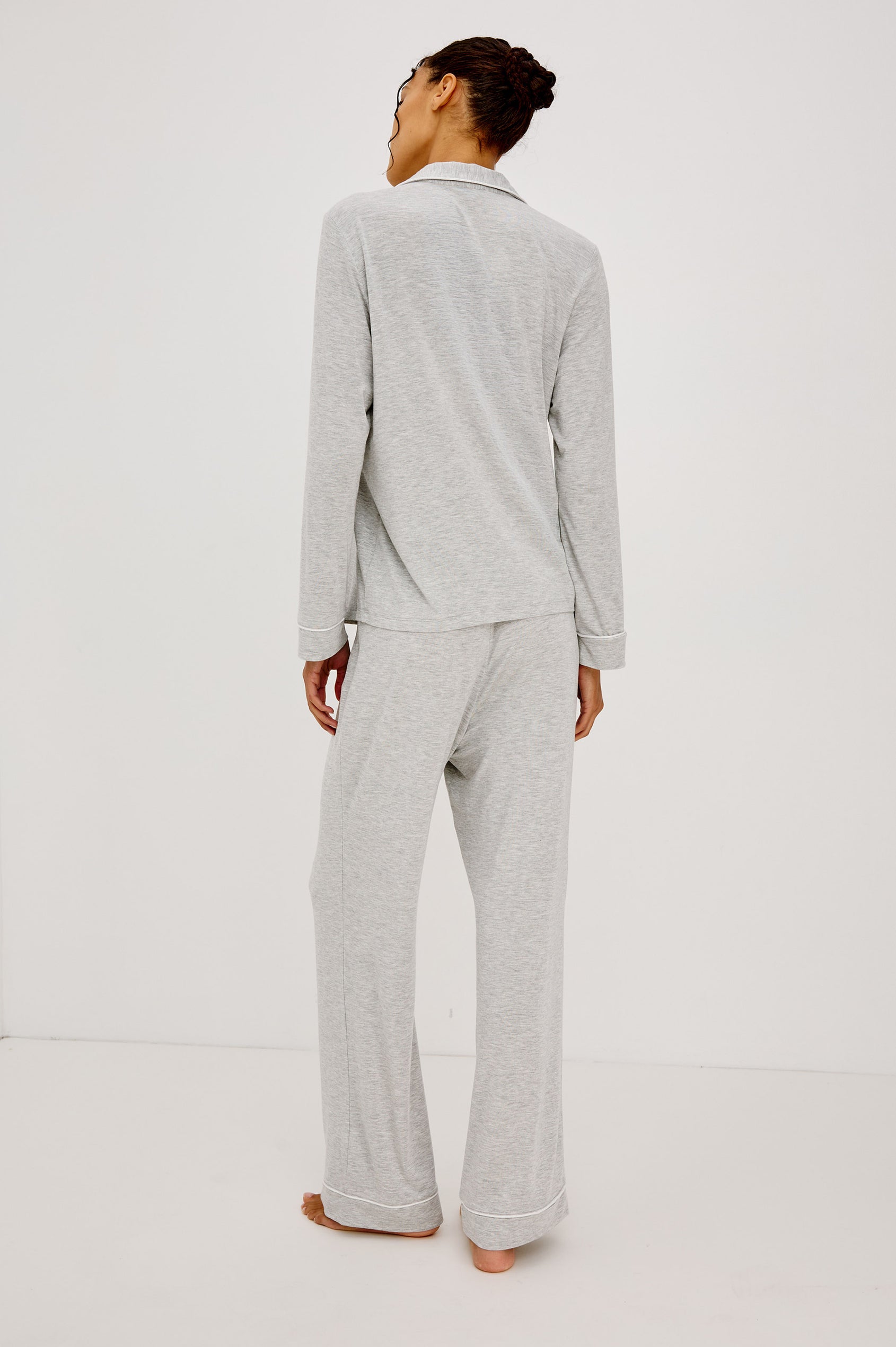Varra Pajama Set in Soft Jersey With Contrast Piping, Relaxed Fit, Long Sleeve Collared Button-Up Shirt, and Straight-Leg Pants in Heather Grey Colorway - Full Body Back View Featured on Model