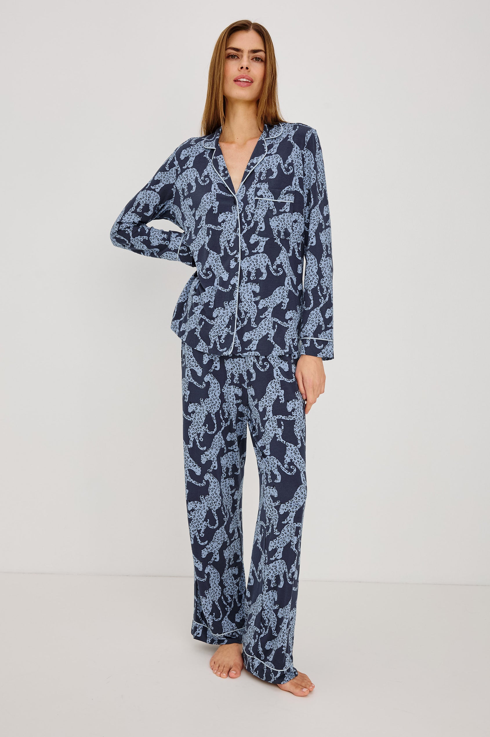 Varra Pajama Set in Soft Jersey With Contrast Piping, Relaxed Fit, Long Sleeve Collared Button-Up Shirt, and Straight-Leg Pants in Midnight Jaguar Colorway - Full Body Front View Featured on Model