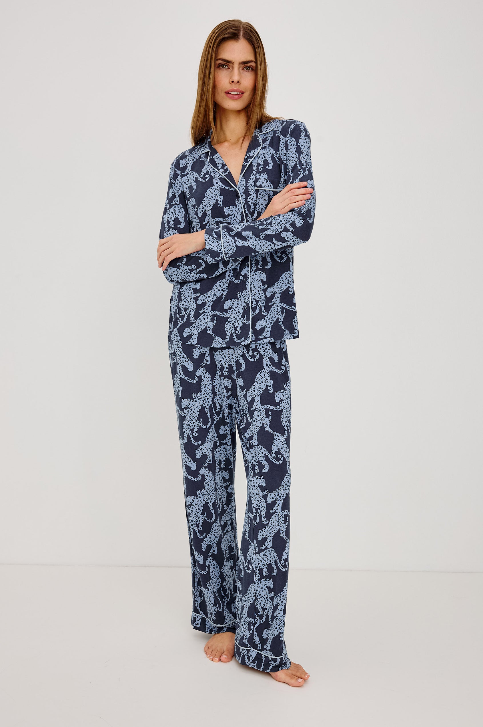 Varra Pajama Set in Soft Jersey With Contrast Piping, Relaxed Fit, Long Sleeve Collared Button-Up Shirt, and Straight-Leg Pants in Midnight Jaguar Colorway - Full Body Front View Featured on Model