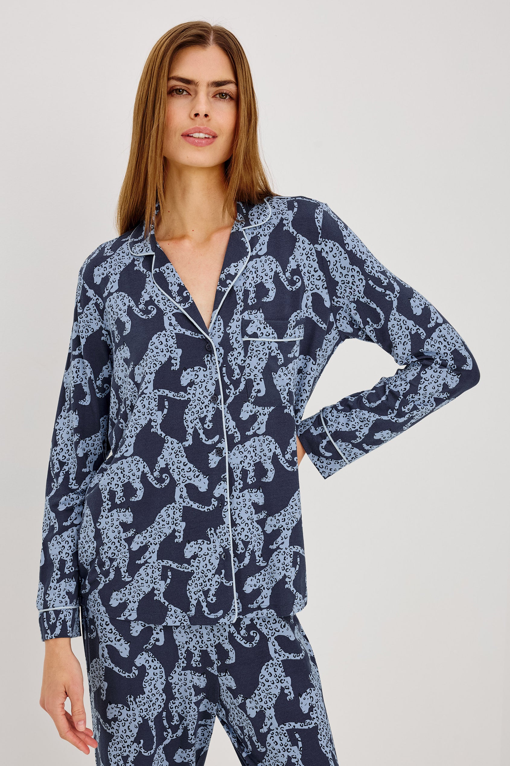 Varra Pajama Set in Soft Jersey With Contrast Piping, Relaxed Fit, Long Sleeve Collared Button-Up Shirt, and Straight-Leg Pants in Midnight Jaguar Colorway - Upper Body Front View Featured on Model
