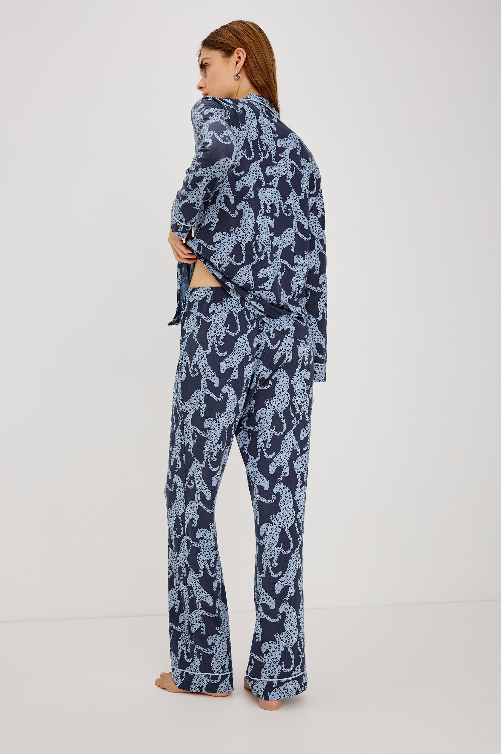 Varra Pajama Set in Soft Jersey With Contrast Piping, Relaxed Fit, Long Sleeve Collared Button-Up Shirt, and Straight-Leg Pants in Midnight Jaguar Colorway - Full Body Back View Featured on Model