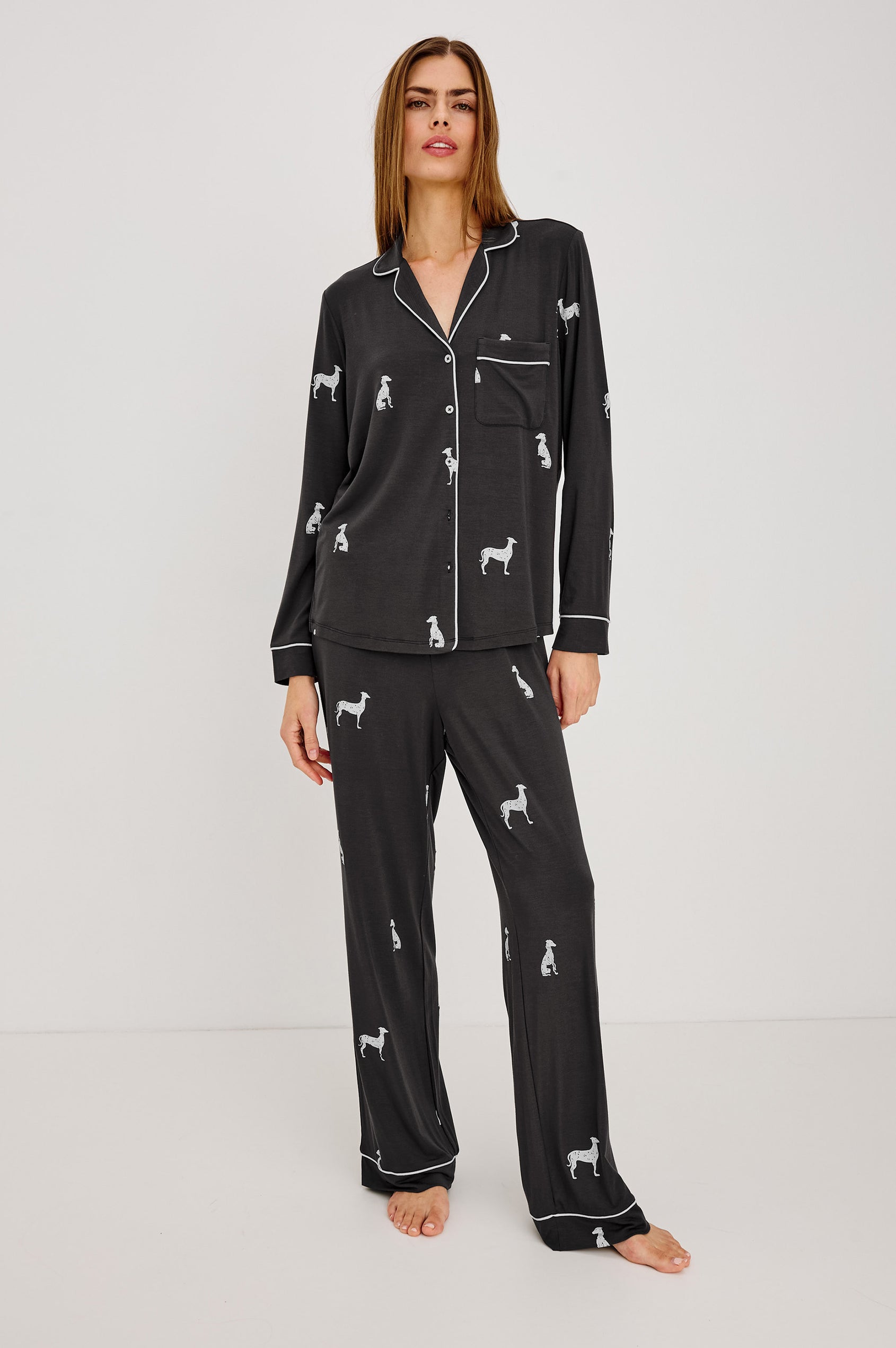 Varra Pajama Set in Soft Jersey With Contrast Piping, Relaxed Fit, Long Sleeve Collared Button-Up Shirt, and Straight-Leg Pants in Whippets Colorway - Full Body Front View Featured on Model