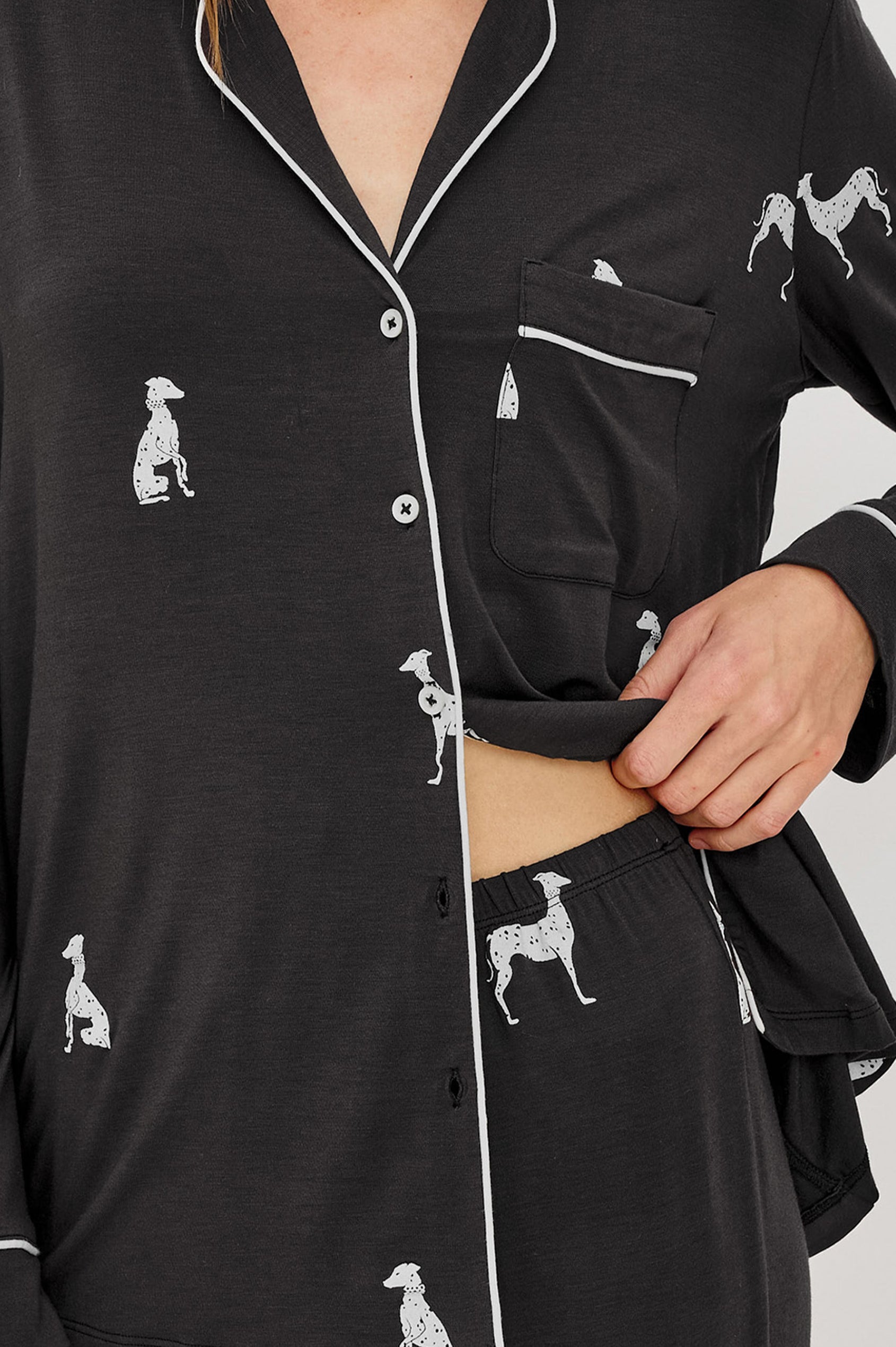 Varra Pajama Set in Soft Jersey With Contrast Piping, Relaxed Fit, Long Sleeve Collared Button-Up Shirt, and Straight-Leg Pants in Whippets Colorway - Mid Body Close Up View Featured on Model