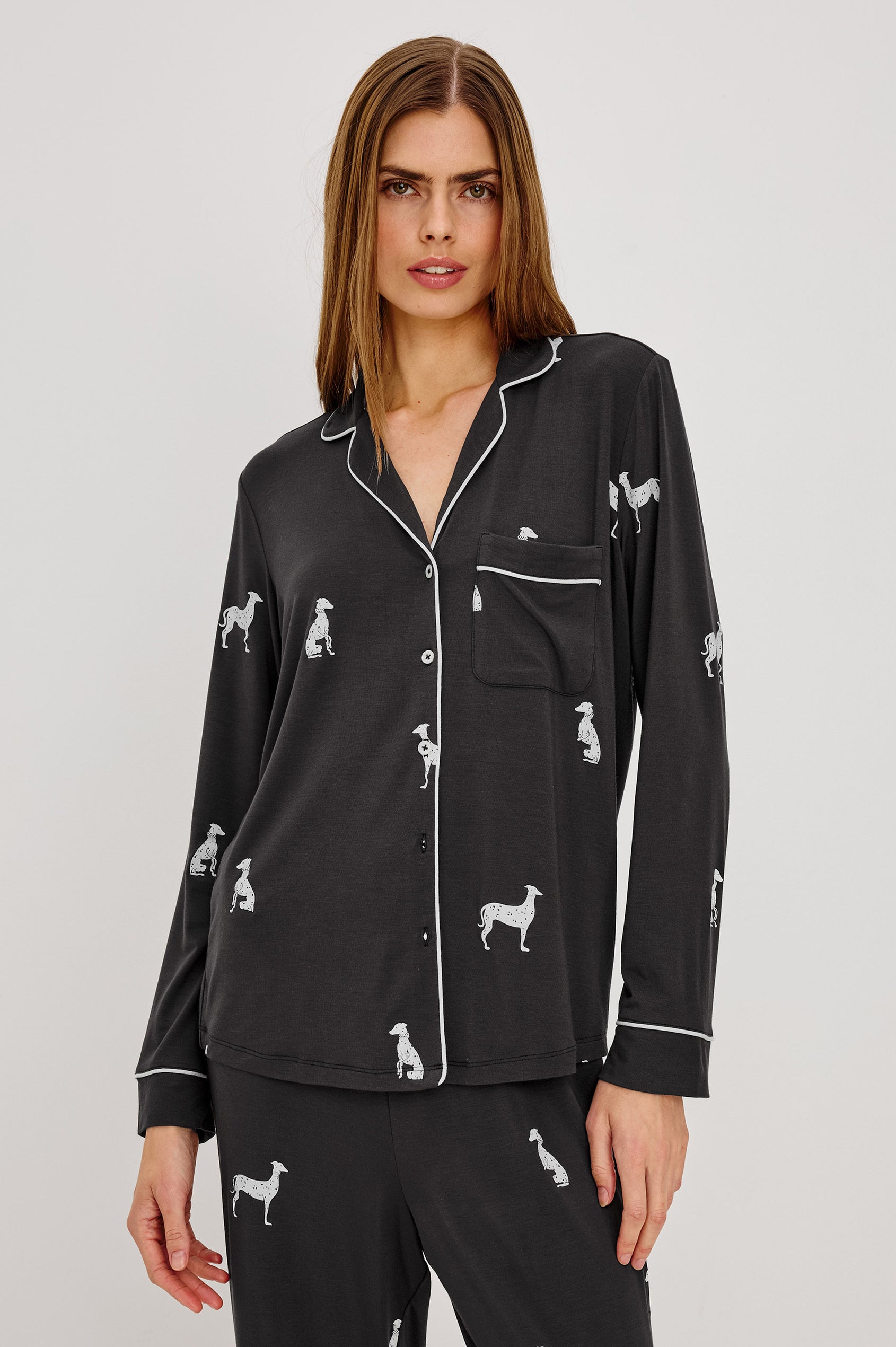 Varra Pajama Set in Soft Jersey With Contrast Piping, Relaxed Fit, Long Sleeve Collared Button-Up Shirt, and Straight-Leg Pants in Whippets Colorway - Upper Body Front View Featured on Model