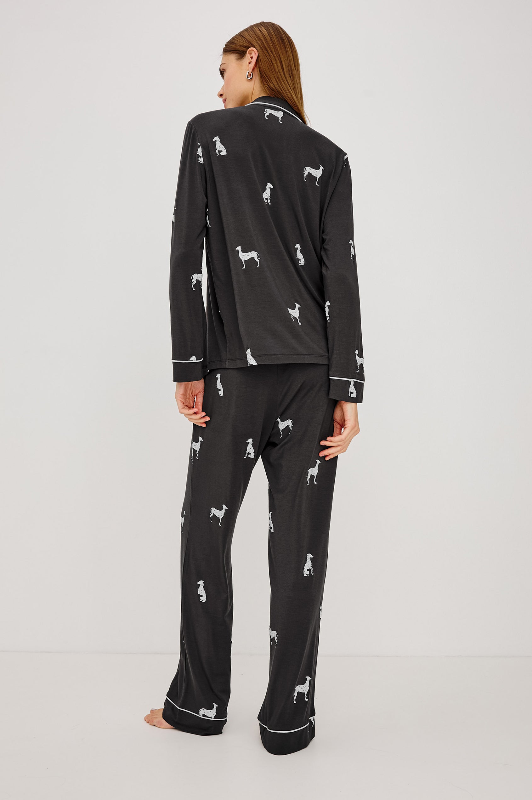 Varra Pajama Set in Soft Jersey With Contrast Piping, Relaxed Fit, Long Sleeve Collared Button-Up Shirt, and Straight-Leg Pants in Whippets Colorway - Full Body Back View Featured on Model