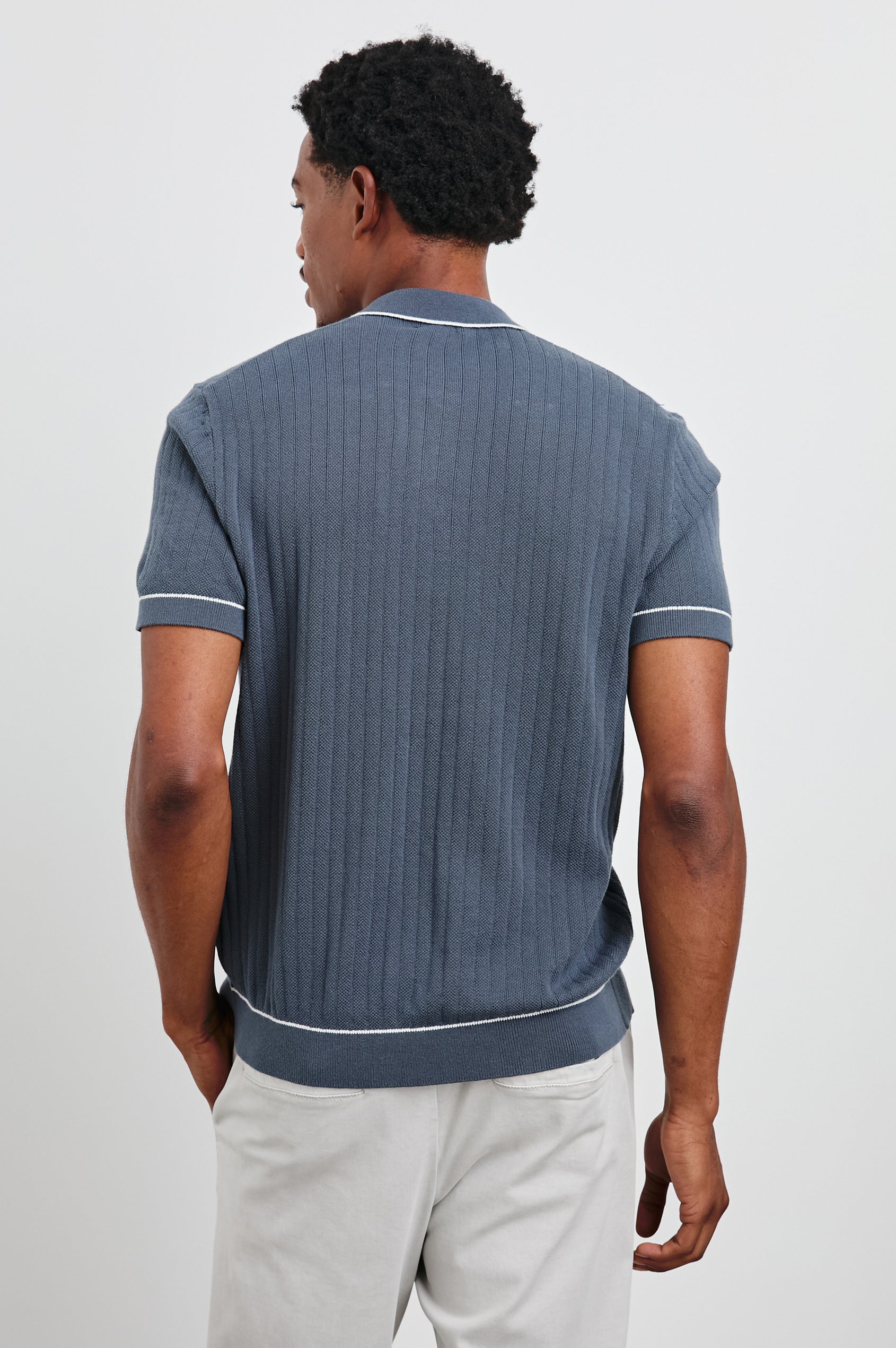 Vernon Short-Sleeve, Ribbed Button Up in Faded Navy Colorway with white trim - Front View Featured on Model
