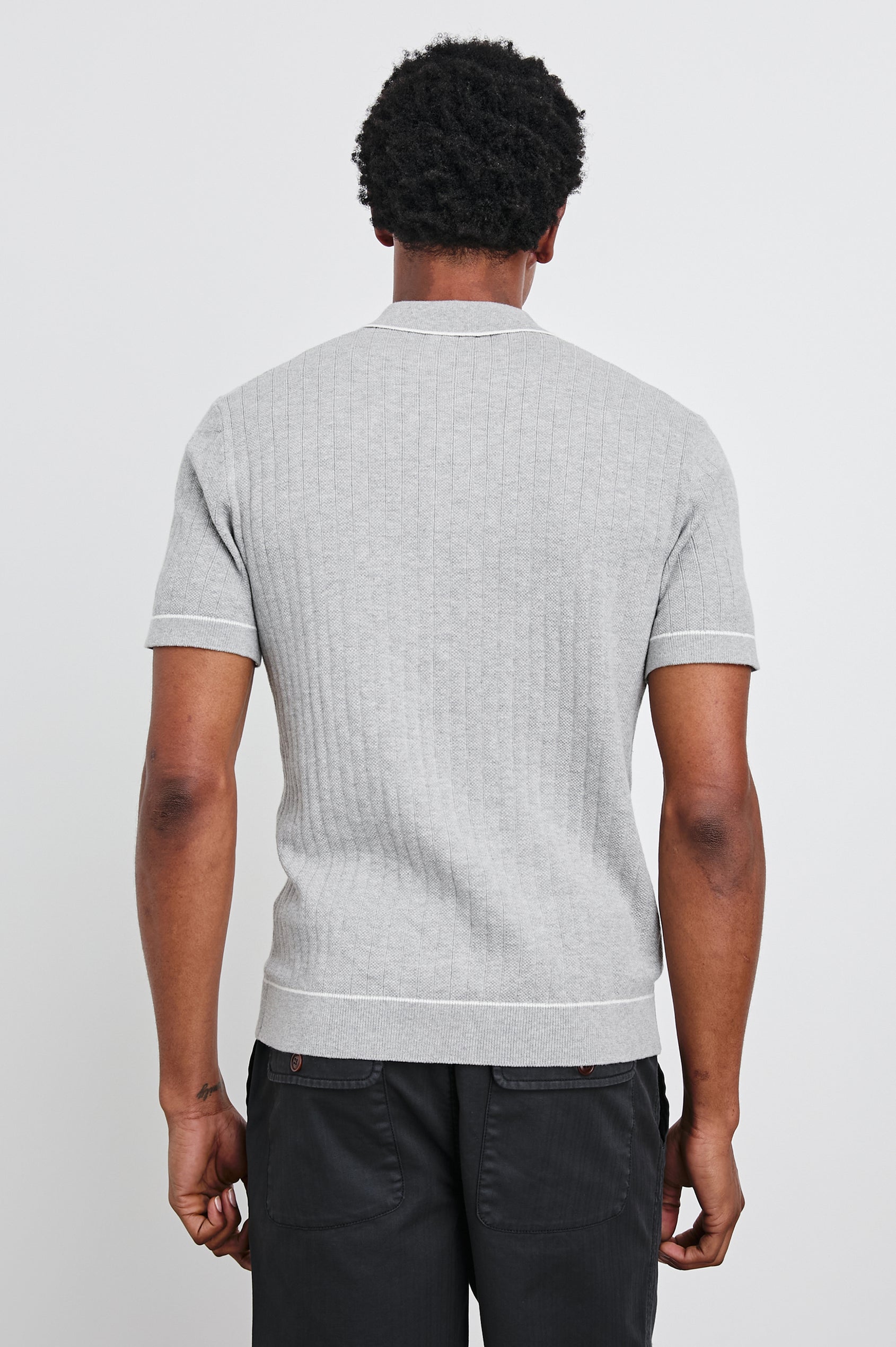 Vernon rib cotton short sleeve button down shirt with contrast trimmings in Grey Melange - back view on model
