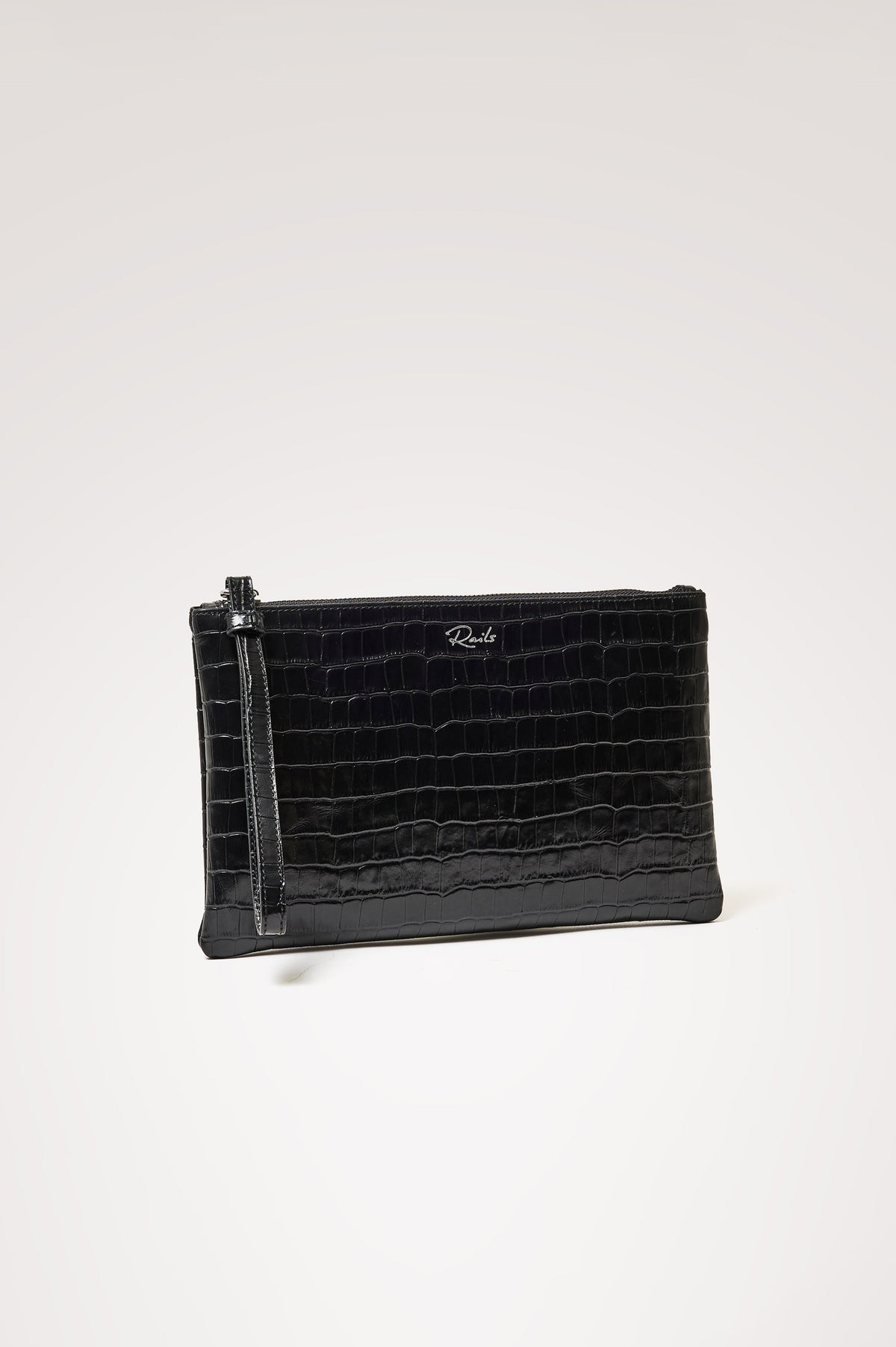Verona Clutch Bag in Croc-Embossed Leather With Attached Wristlet Strap, Top Zip Closure, and Interior Slip Pocket in Black Croc Embossed Colorway - Front angled product view