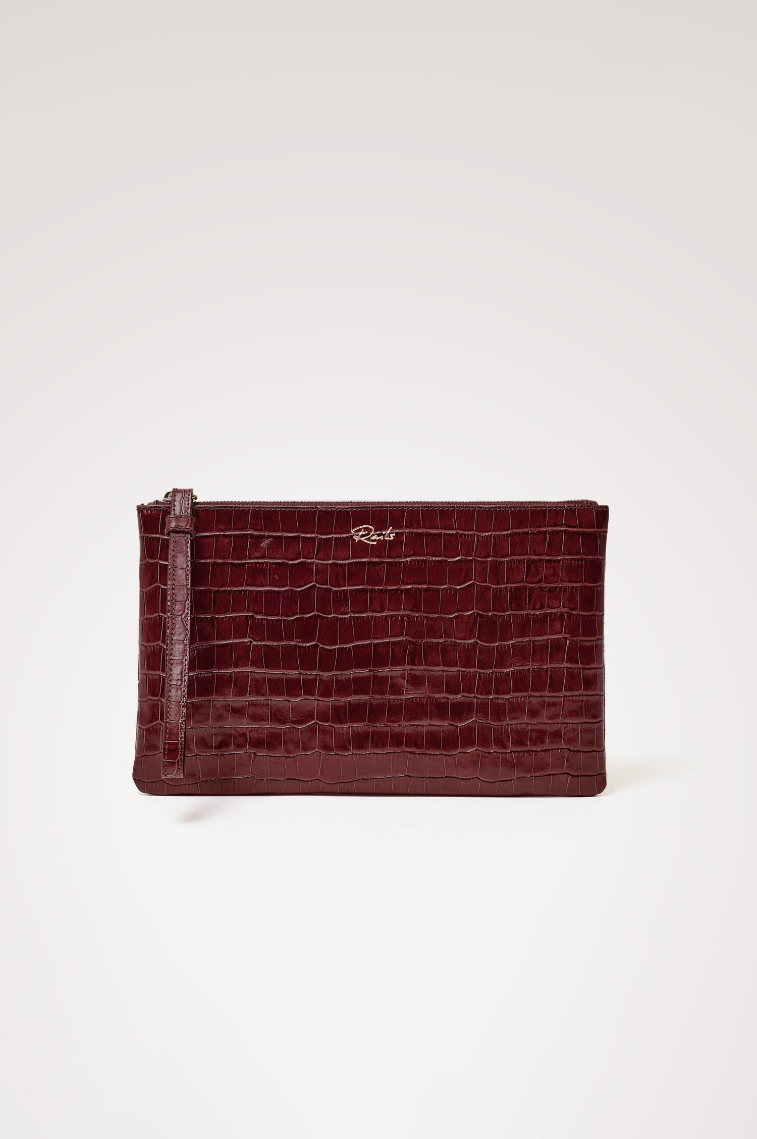 Verona Clutch Bag in Croc-Embossed Leather With Attached Wristlet Strap, Top Zip Closure, and Interior Slip Pocket in Burgundy Croc Embossed Colorway - Front Product View Featured