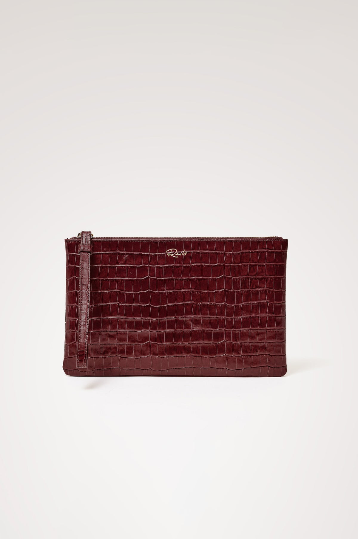 Verona Clutch Bag in Croc-Embossed Leather With Attached Wristlet Strap, Top Zip Closure, and Interior Slip Pocket in Burgundy Croc Embossed Colorway - Front Product View Featured