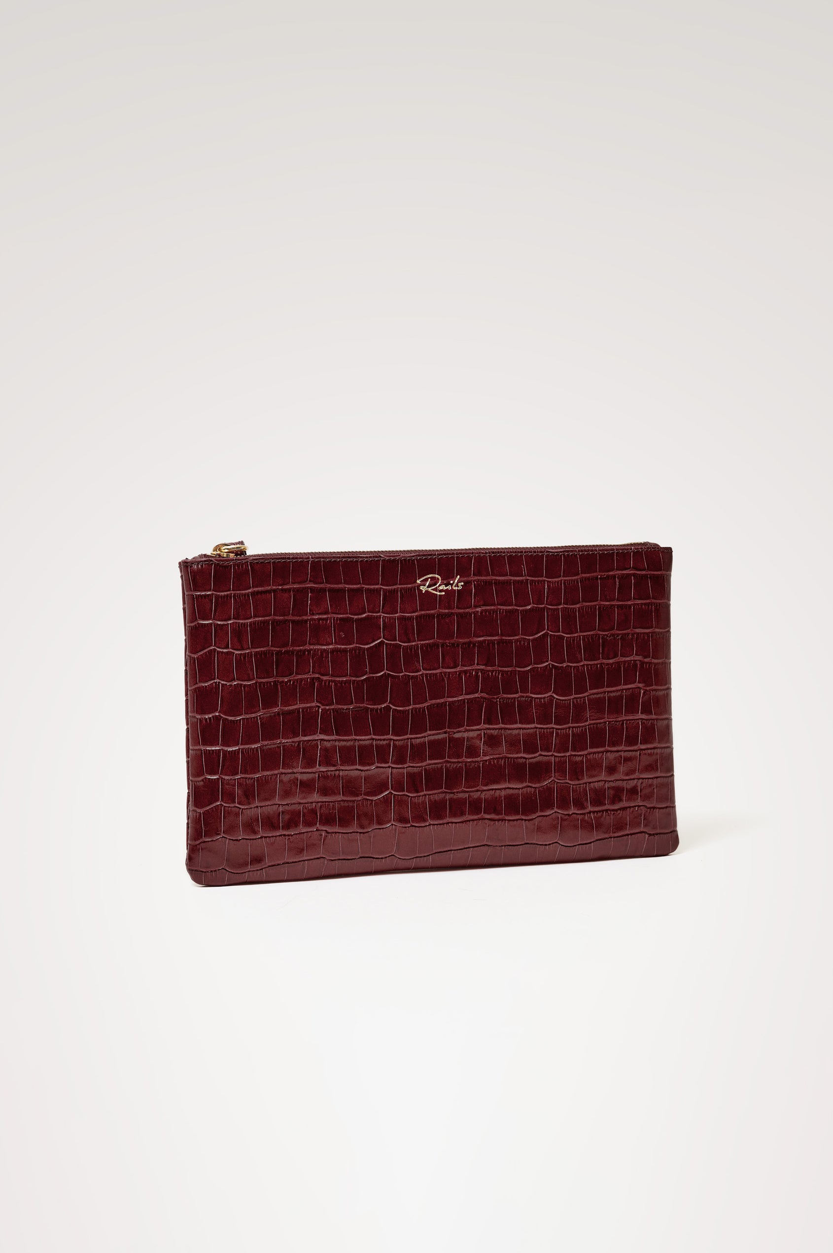 Verona Clutch Bag in Croc-Embossed Leather With Attached Wristlet Strap, Top Zip Closure, and Interior Slip Pocket in Burgundy Croc Embossed Colorway - Front Product View Featured