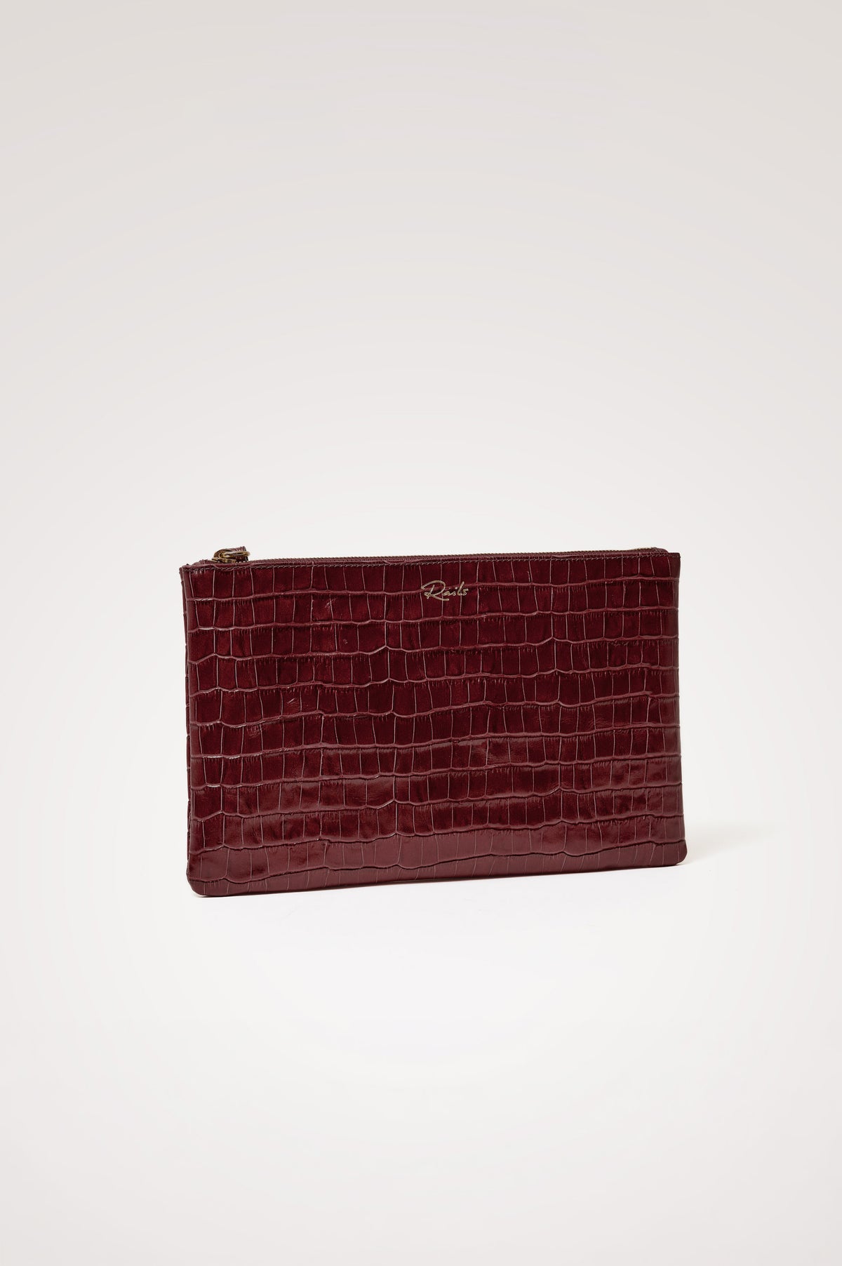 Verona Clutch Bag in Croc-Embossed Leather With Attached Wristlet Strap, Top Zip Closure, and Interior Slip Pocket in Burgundy Croc Embossed Colorway - Front Product View Featured