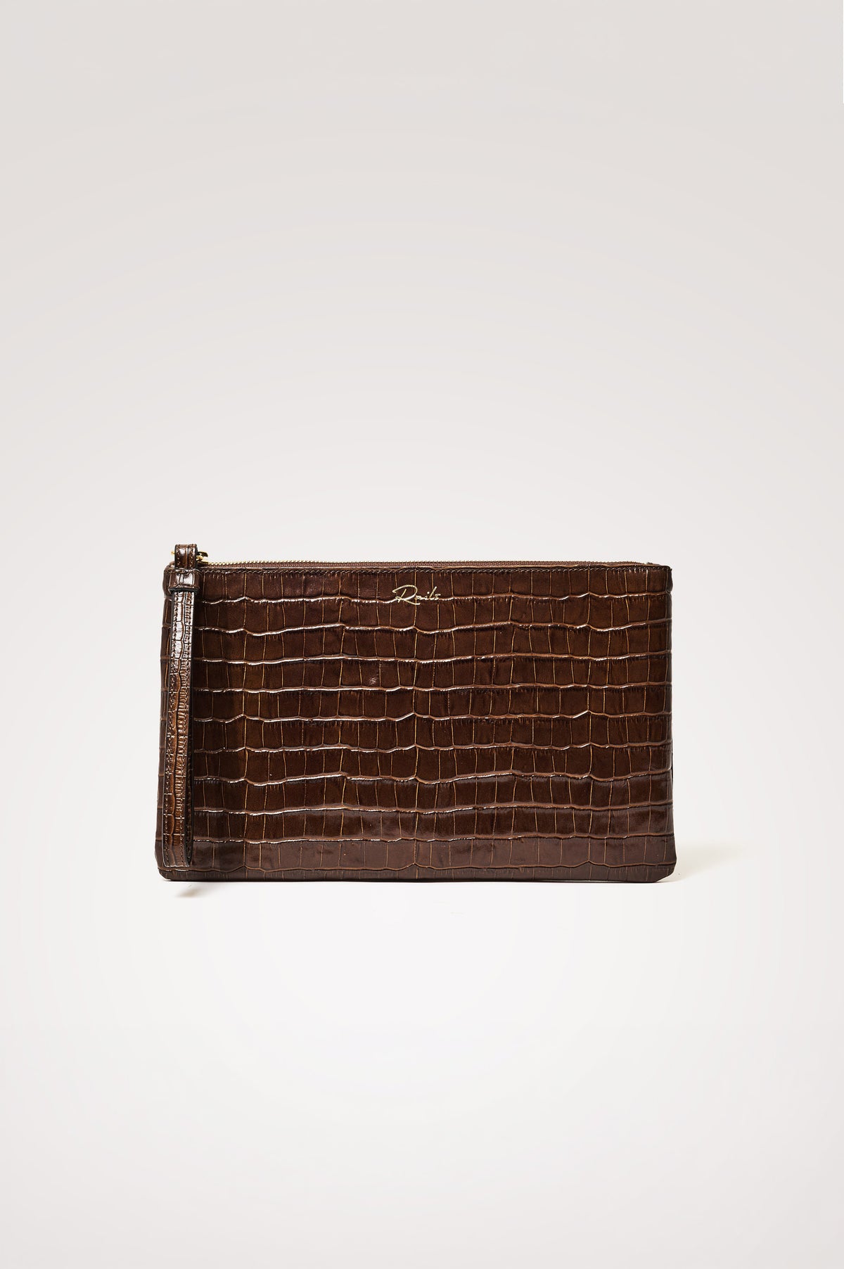 Verona Clutch Bag in Croc-Embossed Leather With Attached Wristlet Strap, Top Zip Closure, and Interior Slip Pocket in Brown Croc Embossed Colorway - Front Product View Featured