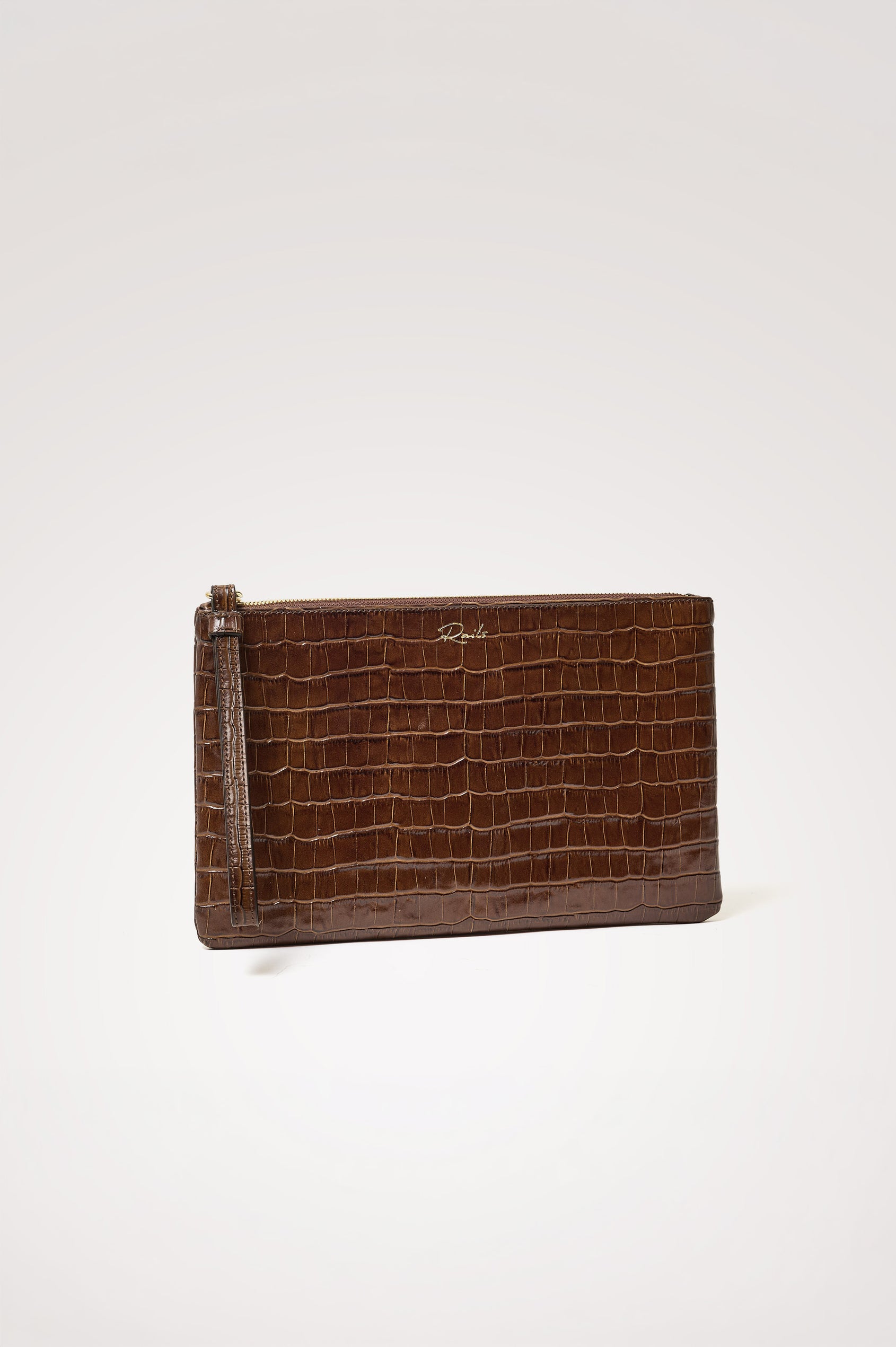 Verona Clutch Bag in Croc-Embossed Leather With Attached Wristlet Strap, Top Zip Closure, and Interior Slip Pocket in Brown Croc Embossed Colorway - Front Product View Featured