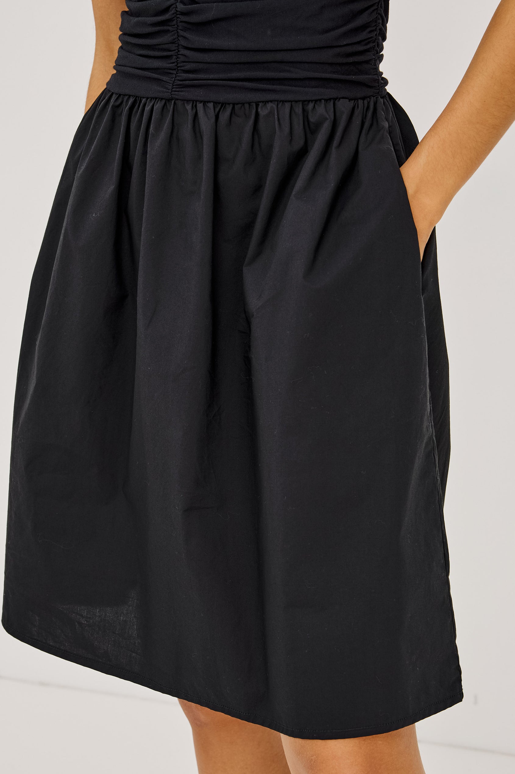 Virgo Pant in Satin-Back Crepe With Srtaight Legs, Drawstring Waist, and Side-Seam Pockets in Black Colorway - Full Body Front View Featured on Model