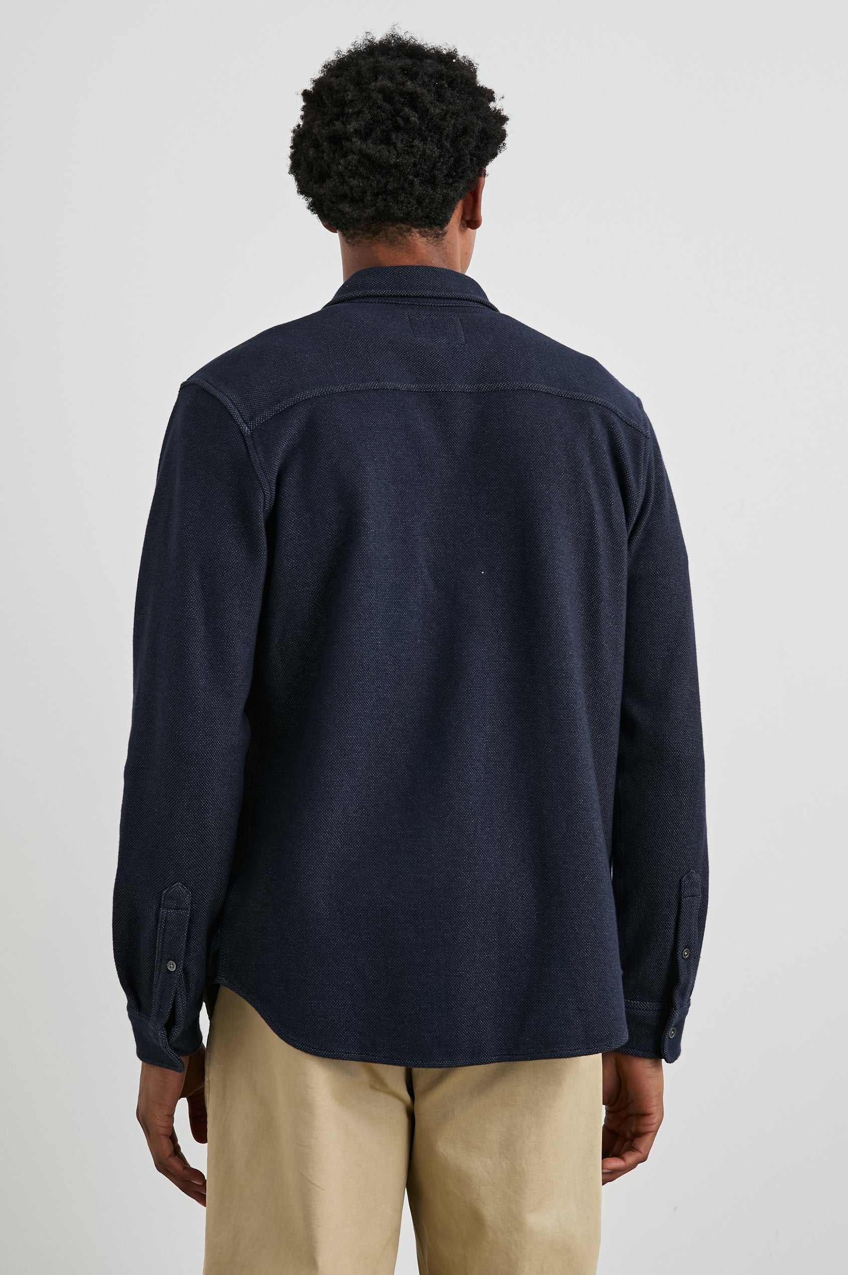 Vincent Shirt in Soft Piqué With Button-Down Collar, Chest Pocket, Front Buttons, Long Sleeves, and Classic Fit in Dark Navy Colorway - Back View Featured on Model
