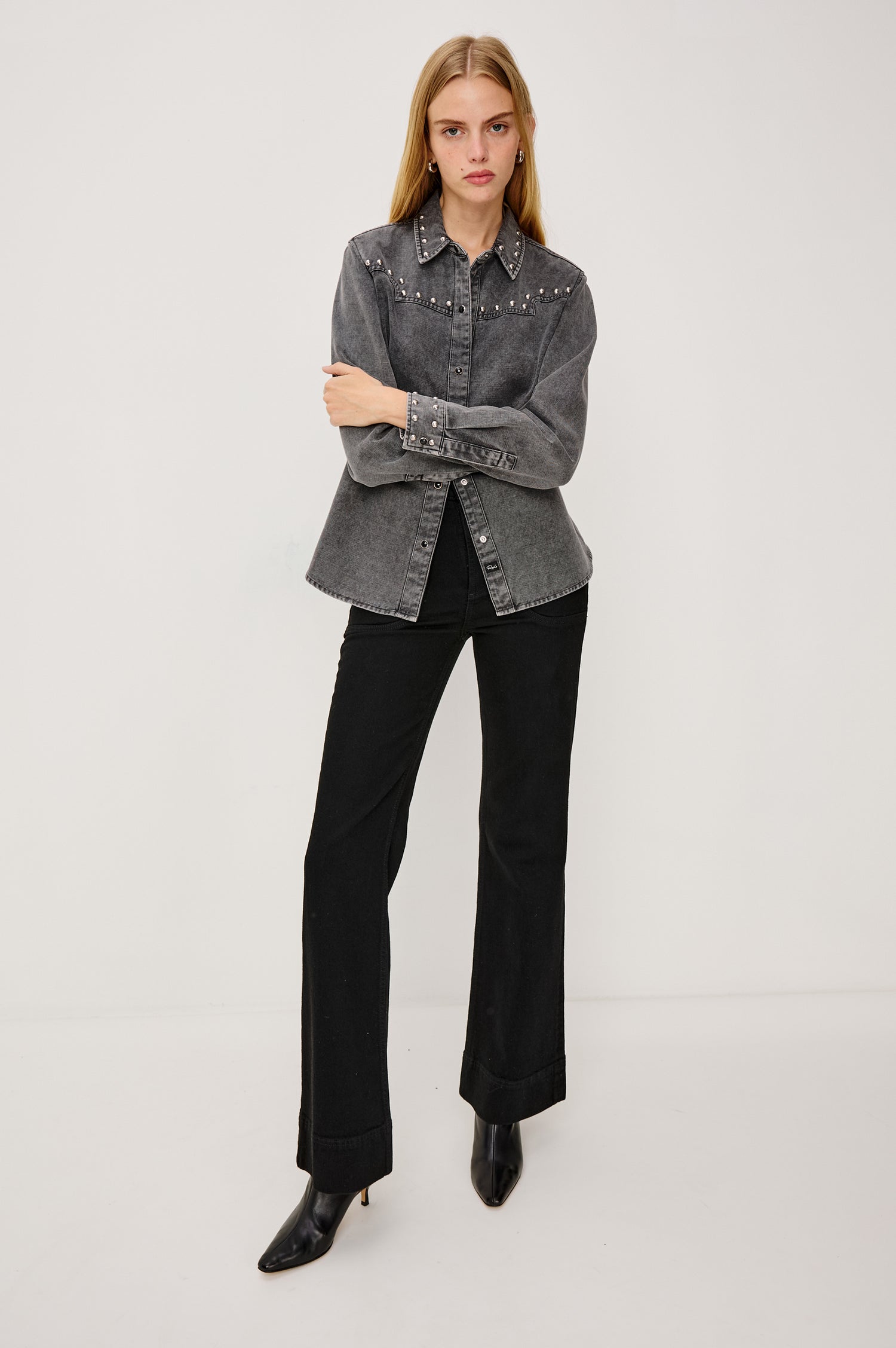 Vinea Collared Shirt in Vintage Twill With Vintage-Inspired Wash, Metallic Studs, Long Sleeves, and Front Snap Button Closures in Black Colorway - Full Body Front View Featured on Model