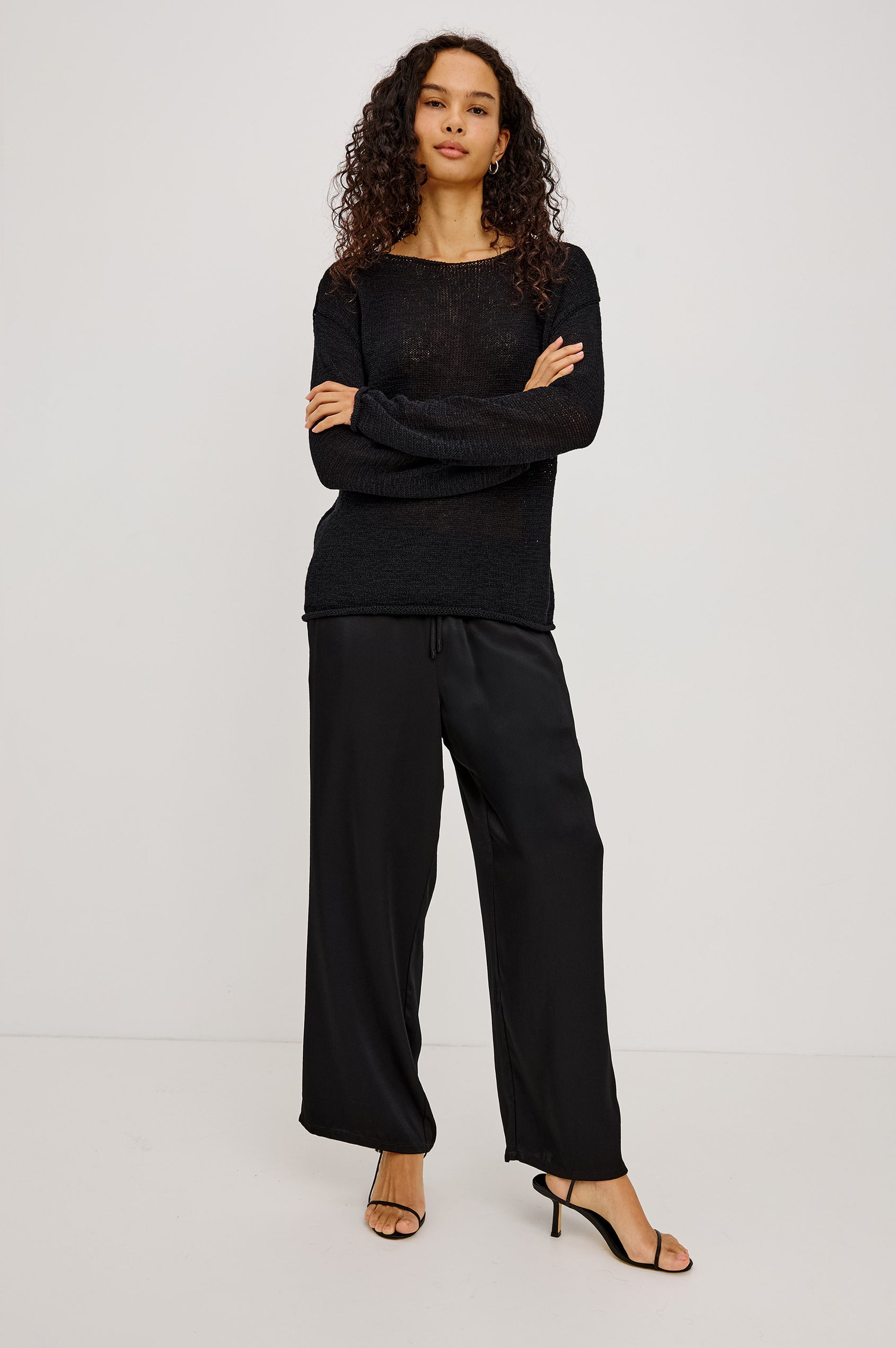 Virgo Pant in Satin-Back Crepe With Srtaight Legs, Drawstring Waist, and Side-Seam Pockets in Black Colorway - Full Body Front View Featured on Model