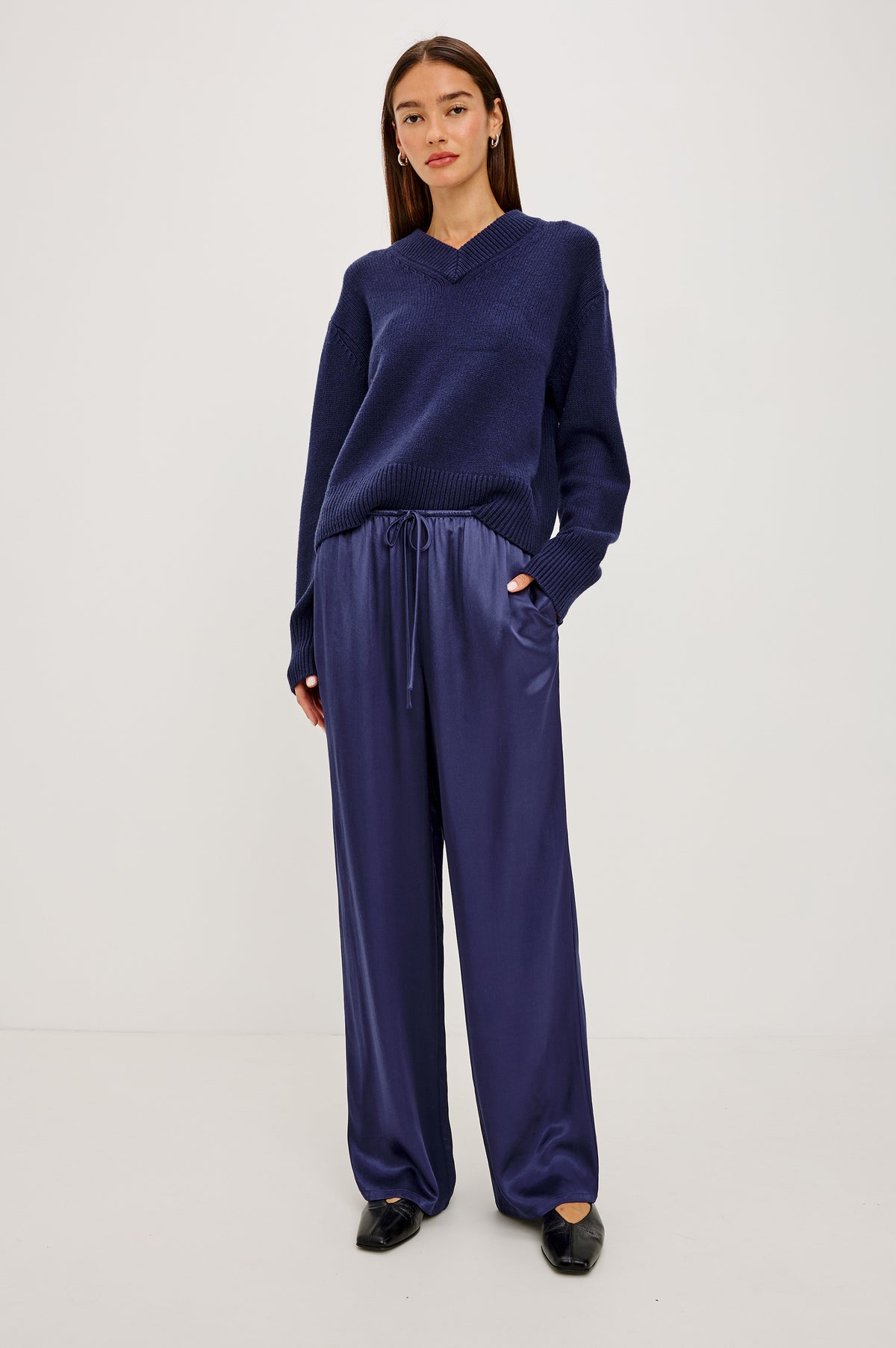 Virgo Pant in Satin-Back Crepe With Srtaight Legs, Drawstring Waist, and Side-Seam Pockets in Navy Colorway - Full Body Front View Featured on Model