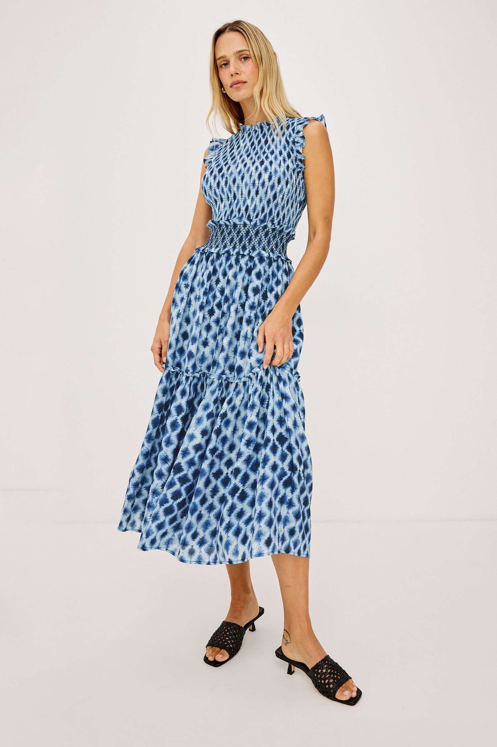 Vivier Midi Dress in Crinkle Chiffon With Shirred Fitted Bodice and Waistband, Back Keyhole Cutout With Button-Loop Closure, Lined Single-Tiered Skirt, and Ruffle Trim in Sapphire Shibori Colorway -