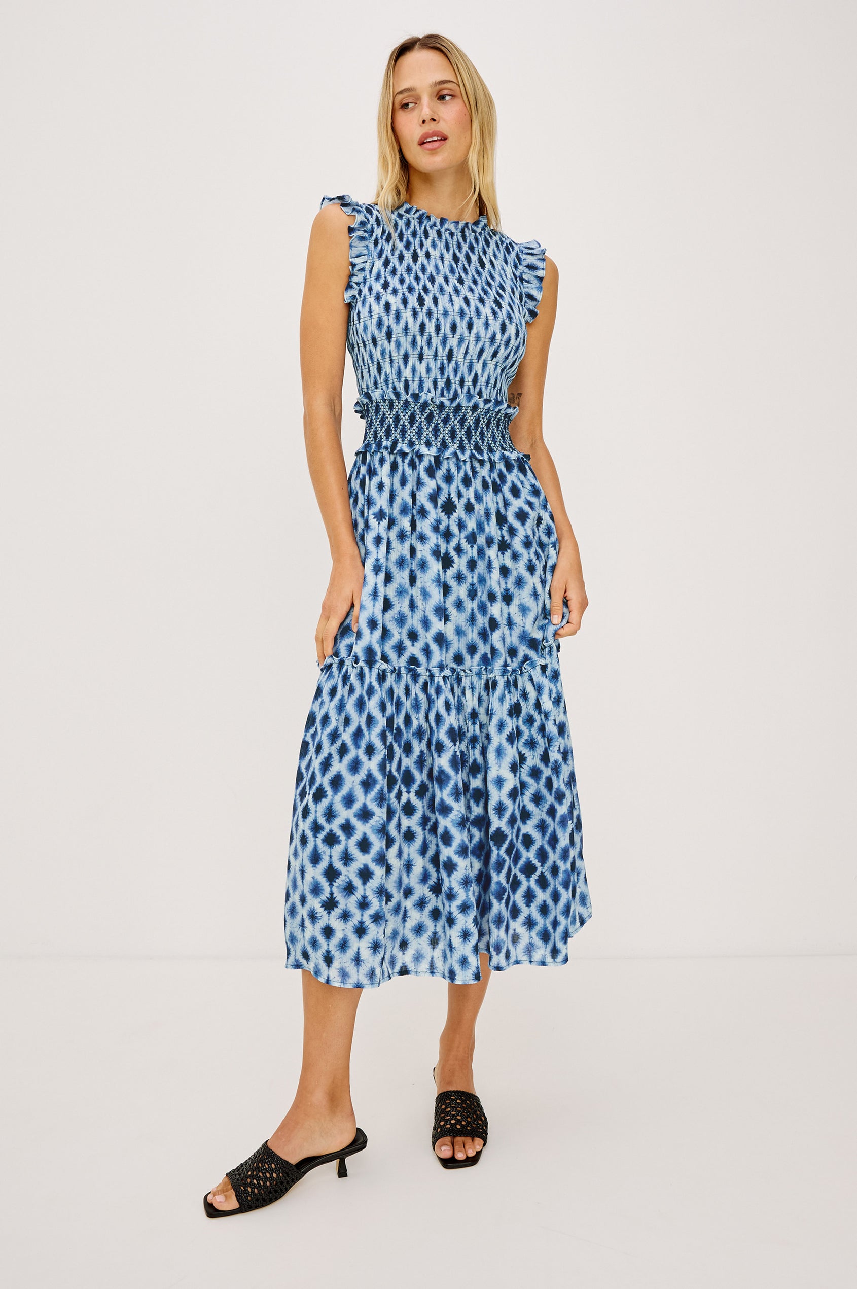 Vivier Midi Dress in Crinkle Chiffon With Shirred Fitted Bodice and Waistband, Back Keyhole Cutout With Button-Loop Closure, Lined Single-Tiered Skirt, and Ruffle Trim in Sapphire Shibori Colorway -