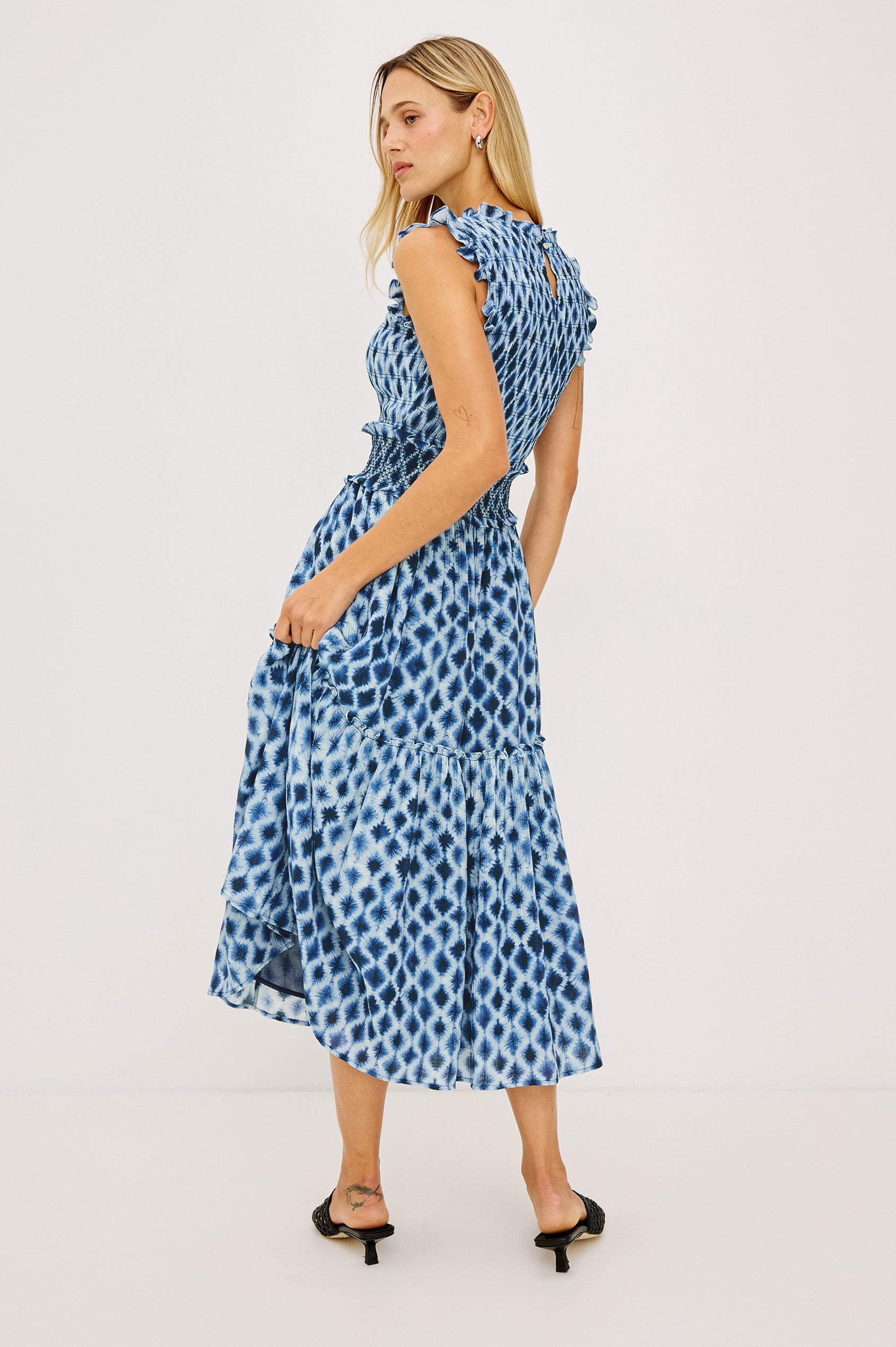 Vivier Midi Dress in Crinkle Chiffon With Shirred Fitted Bodice and Waistband, Back Keyhole Cutout With Button-Loop Closure, Lined Single-Tiered Skirt, and Ruffle Trim in Sapphire Shibori Colorway -