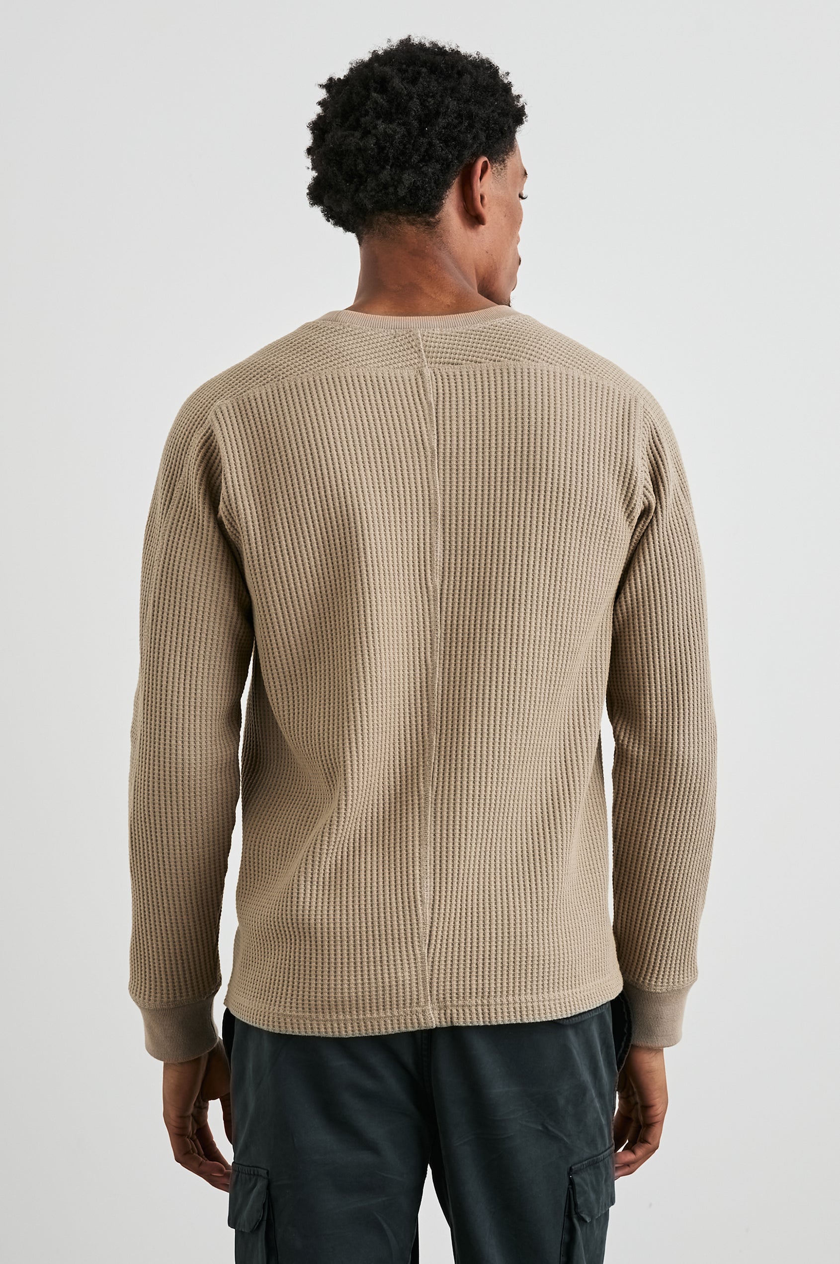 Wade Long-Sleeve Waffle Knit Thermal with a Crew Neck in Barley Colorway - Back View Featured on Model