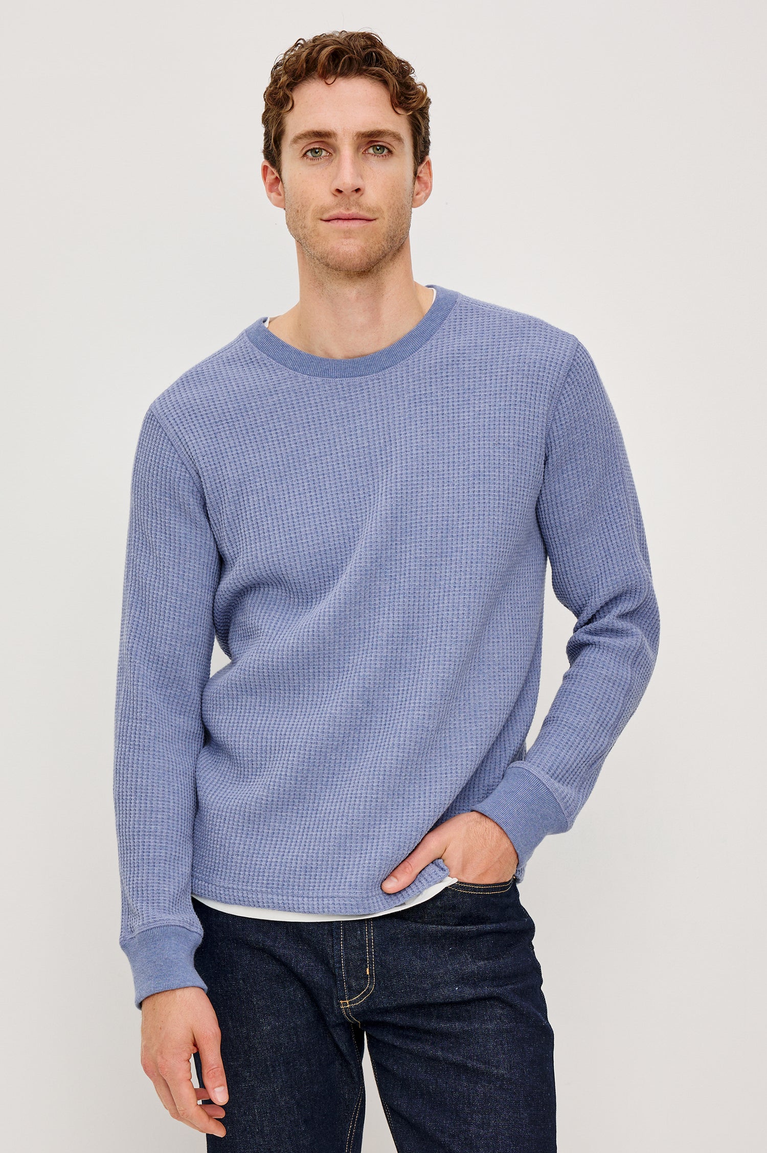 Wade Long-Sleeve Waffle Knit Thermal with a Crew Neck in Blue Heather Colorway. Front View Featured on Model.