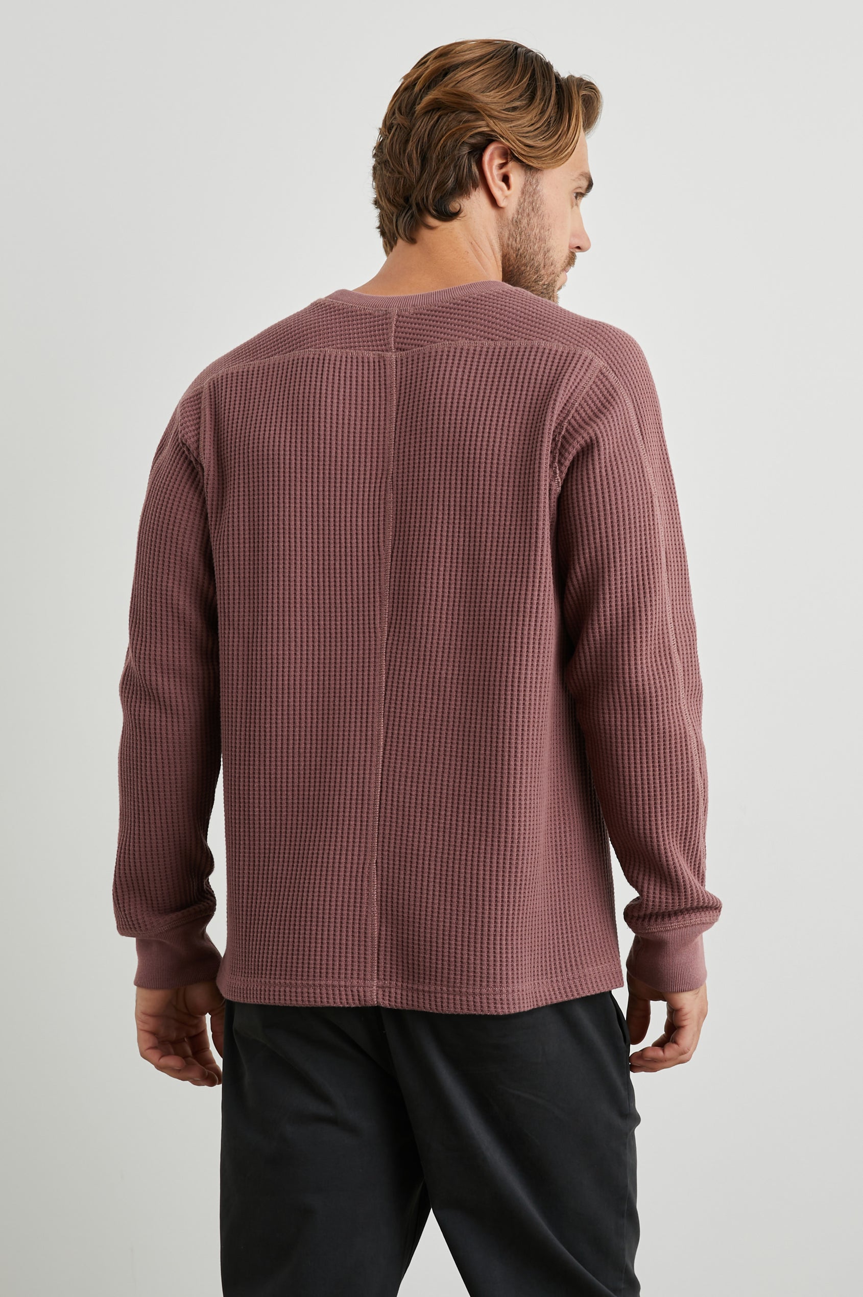 Wade Long-Sleeve Waffle Knit Thermal with a Crew Neck in Brick Colorway - Back View Featured on Model