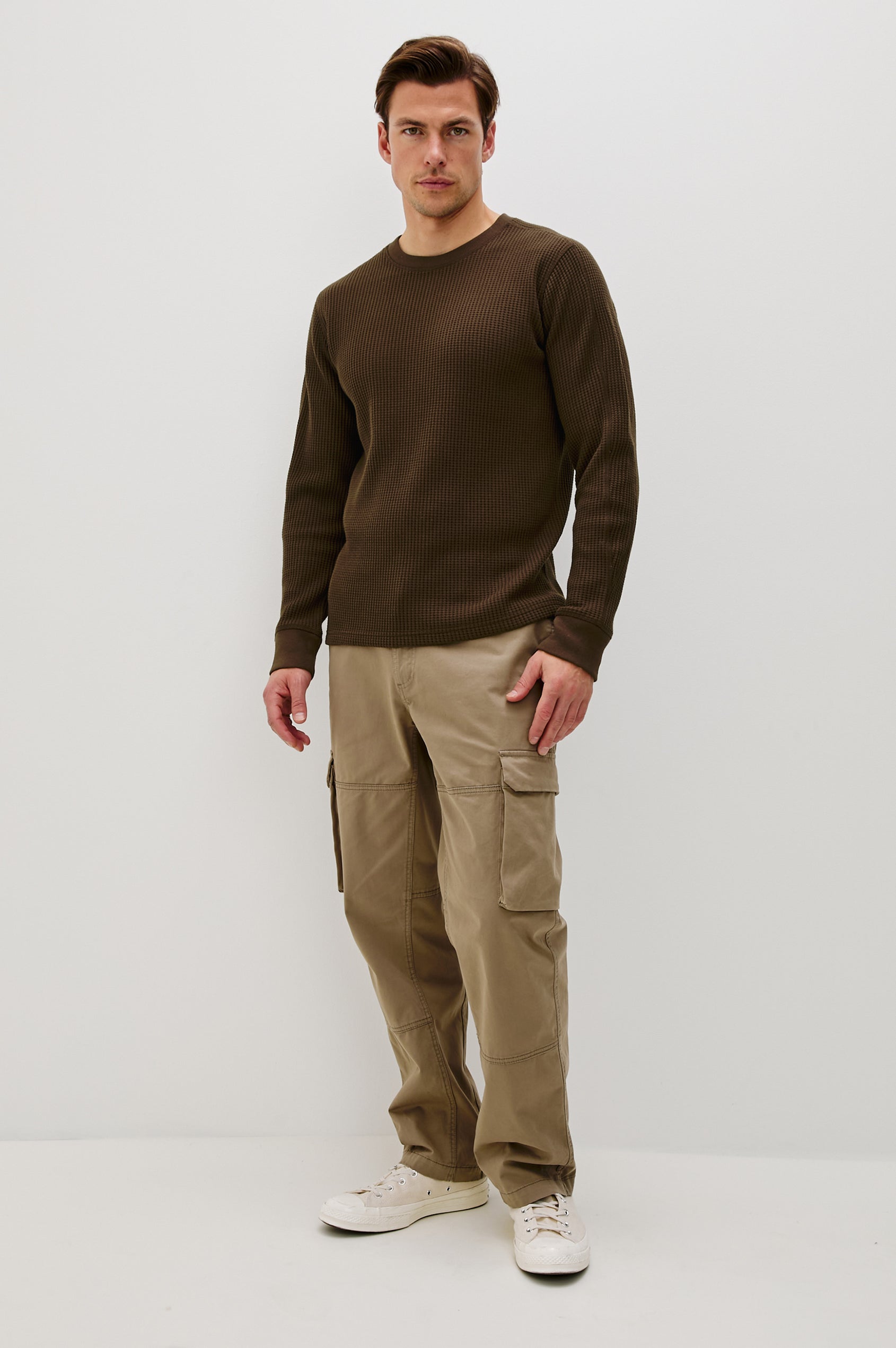 Wade Long-Sleeve Waffle Knit Thermal with a Crew Neck in Chocolate Colorway - Front Full Body View Featured on Model.