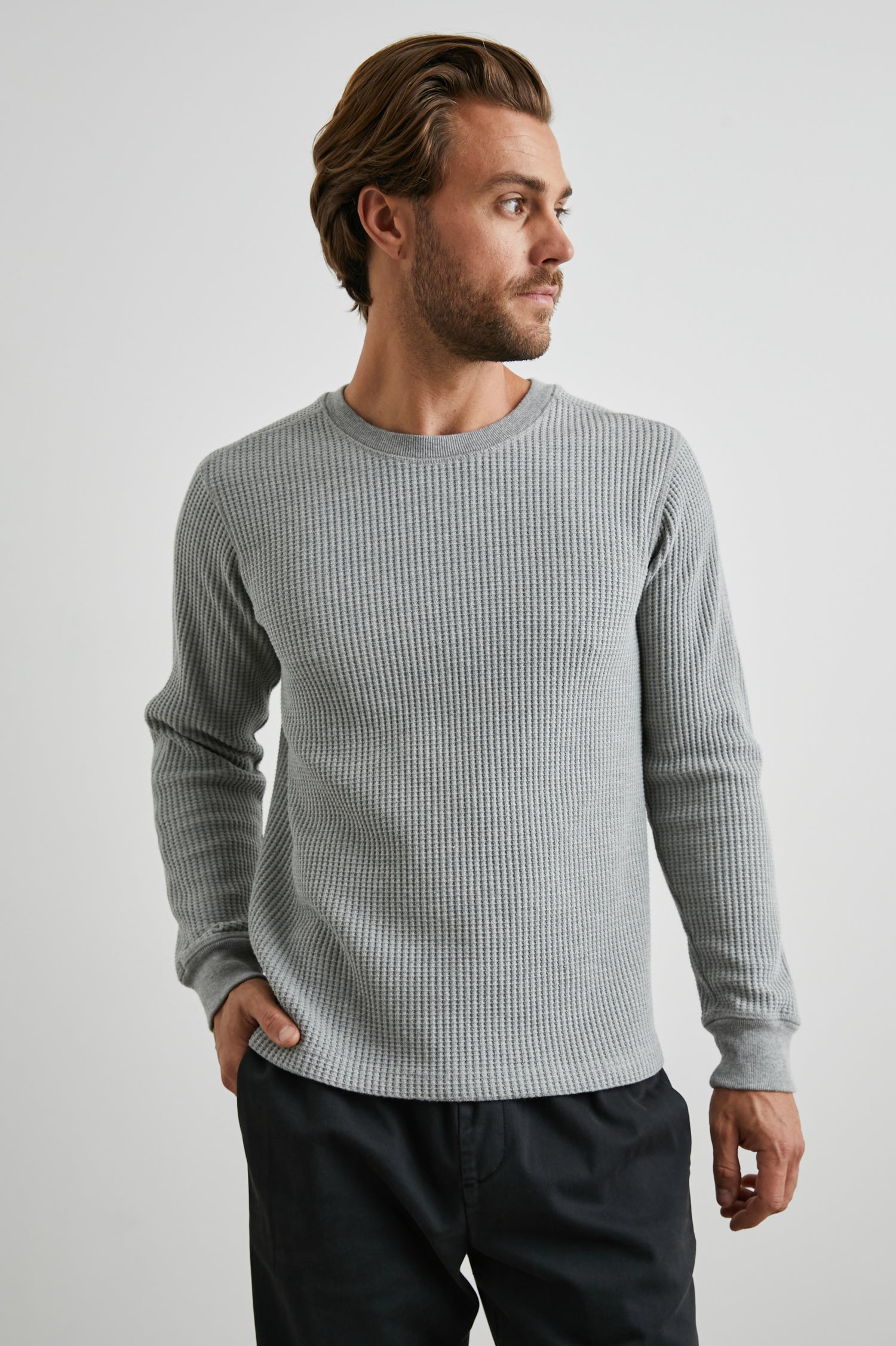 Wade Long-Sleeve Waffle Knit Thermal with a Crew Neck in Heather Grey Colorway - Front View Featured on Model