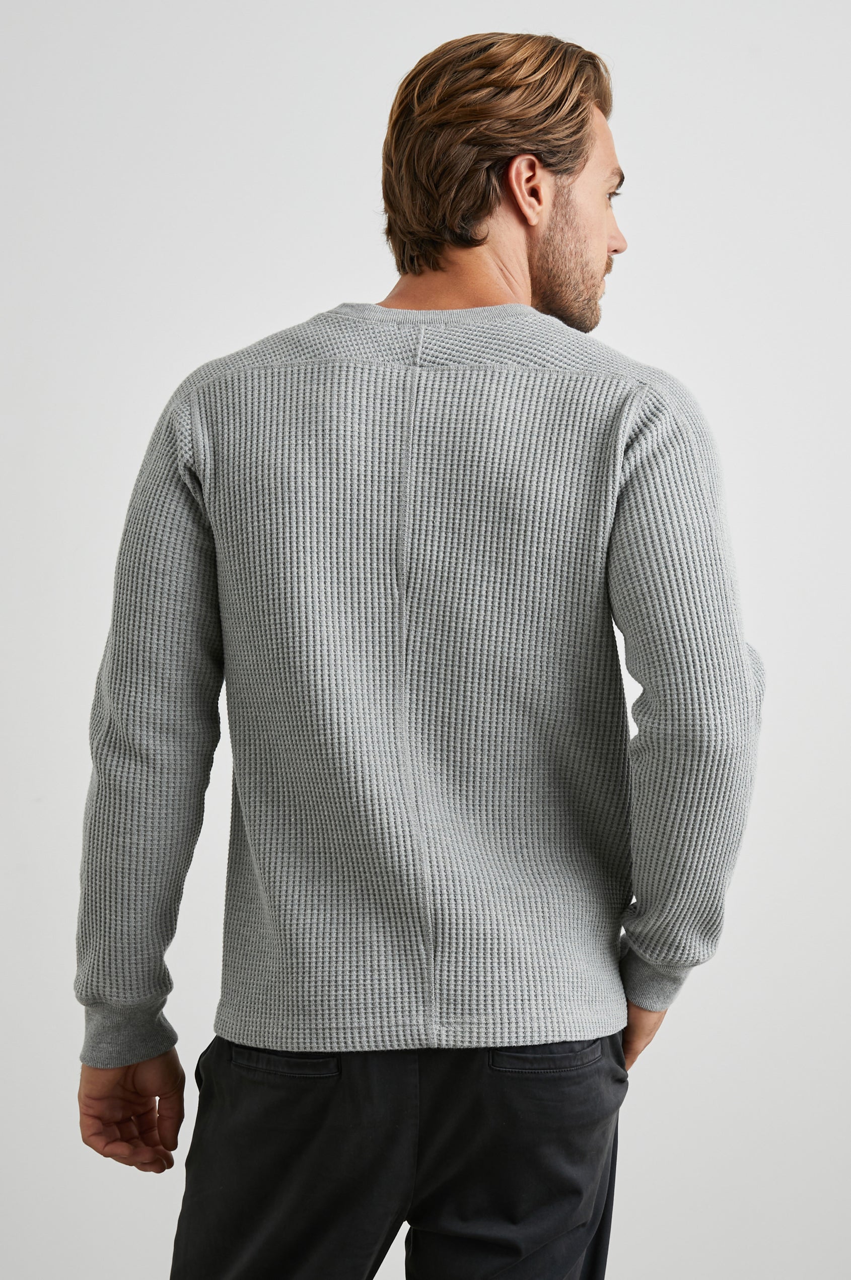 Wade Long-Sleeve Waffle Knit Thermal with a Crew Neck in Heather Grey Colorway - Back View Featured on Model