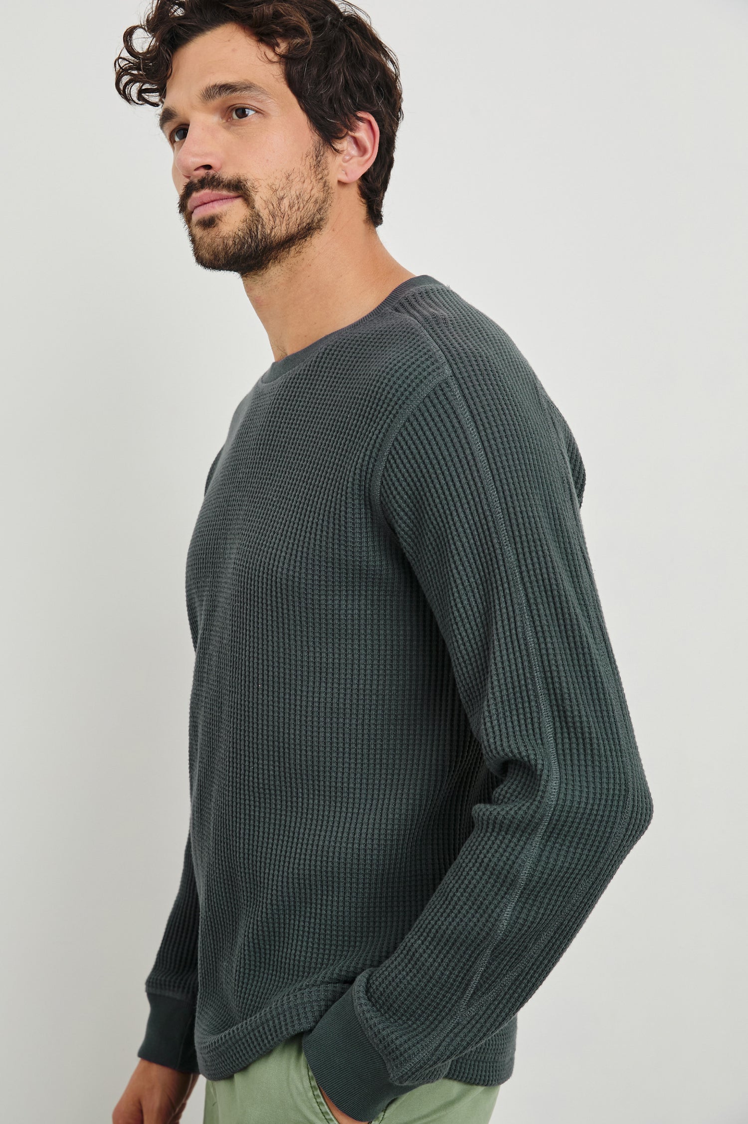 Wade Long-Sleeve Waffle Knit Thermal with a Crew Neck in Ink Colorway - Front View Featured on Model