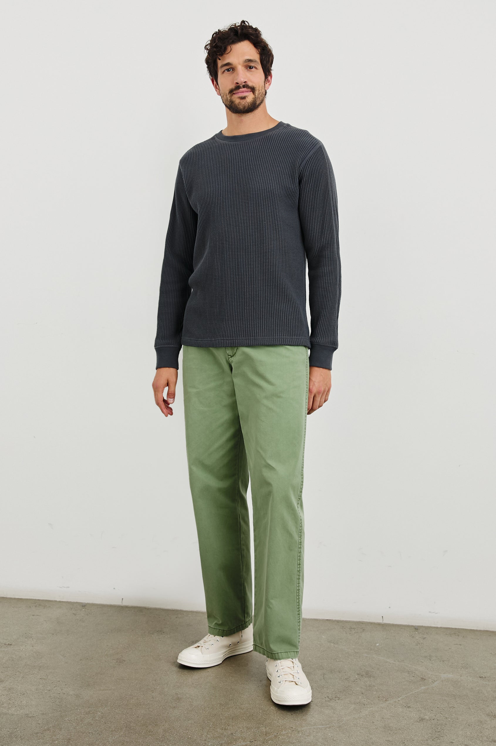 Wade Long-Sleeve Waffle Knit Thermal with a Crew Neck in Ink Colorway - Front Full Body View Featured on Model