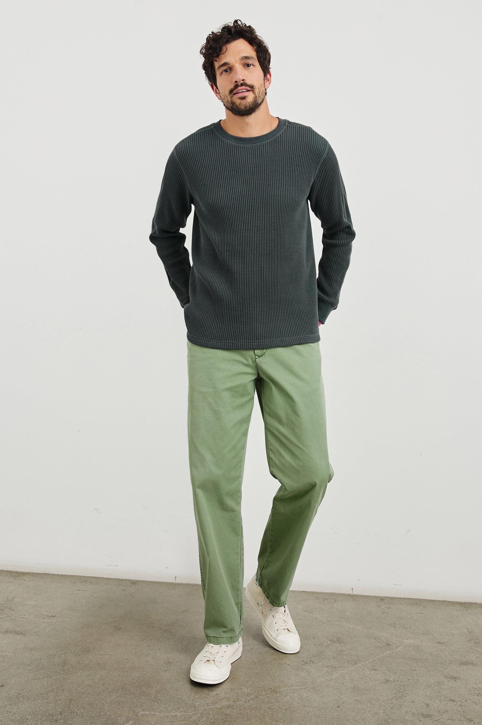 Wade Long-Sleeve Waffle Knit Thermal with a Crew Neck in Ink Colorway - Front Full Body View Featured on Model