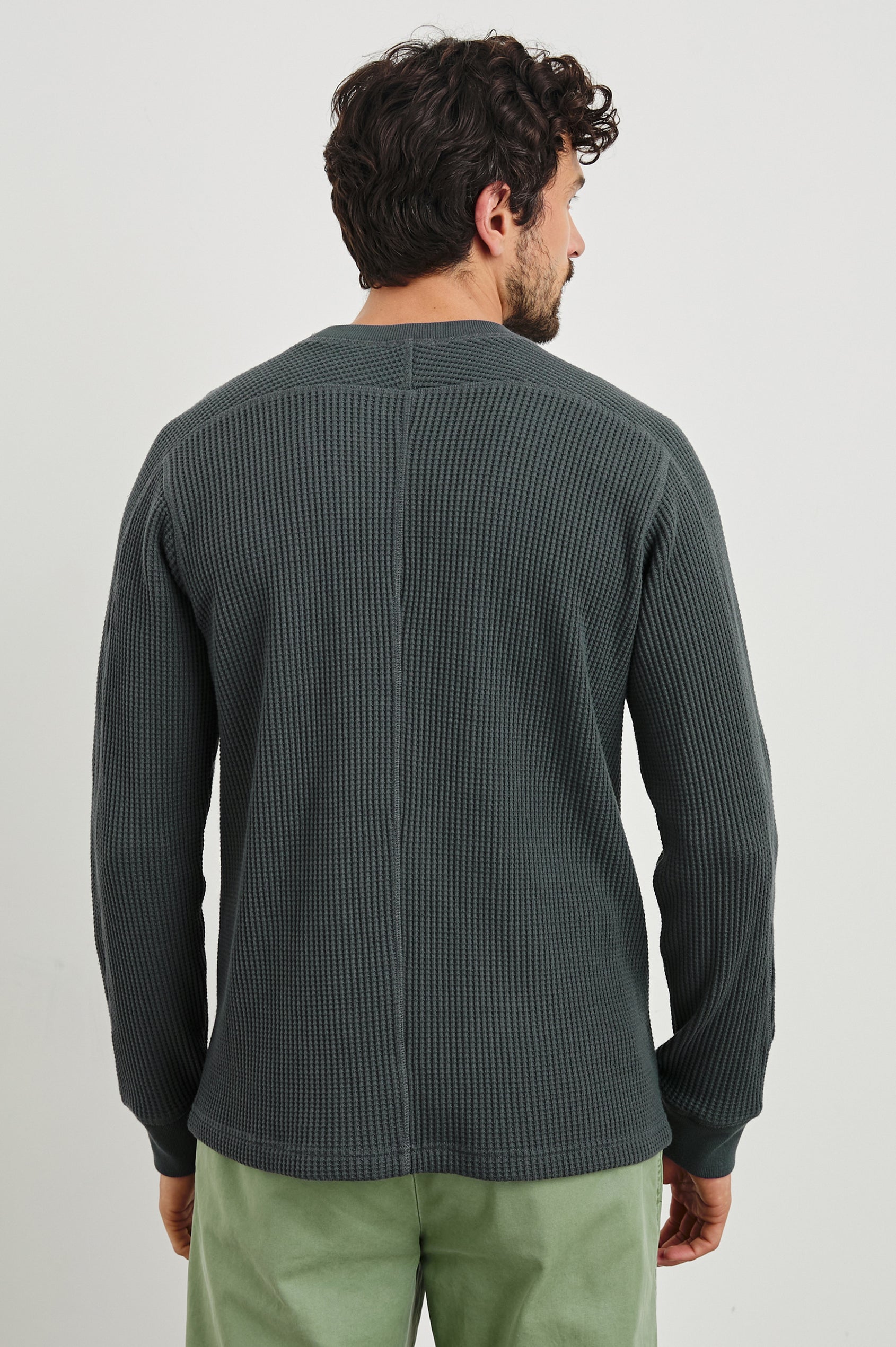 Wade Long-Sleeve Waffle Knit Thermal with a Crew Neck in Ink Colorway - Back View Featured on Model