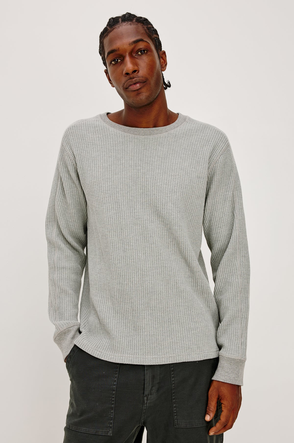 Wade Long-Sleeve Waffle Knit Thermal with a Crew Neck in Heather Grey Colorway - Upper Body Front View Featured on Model.