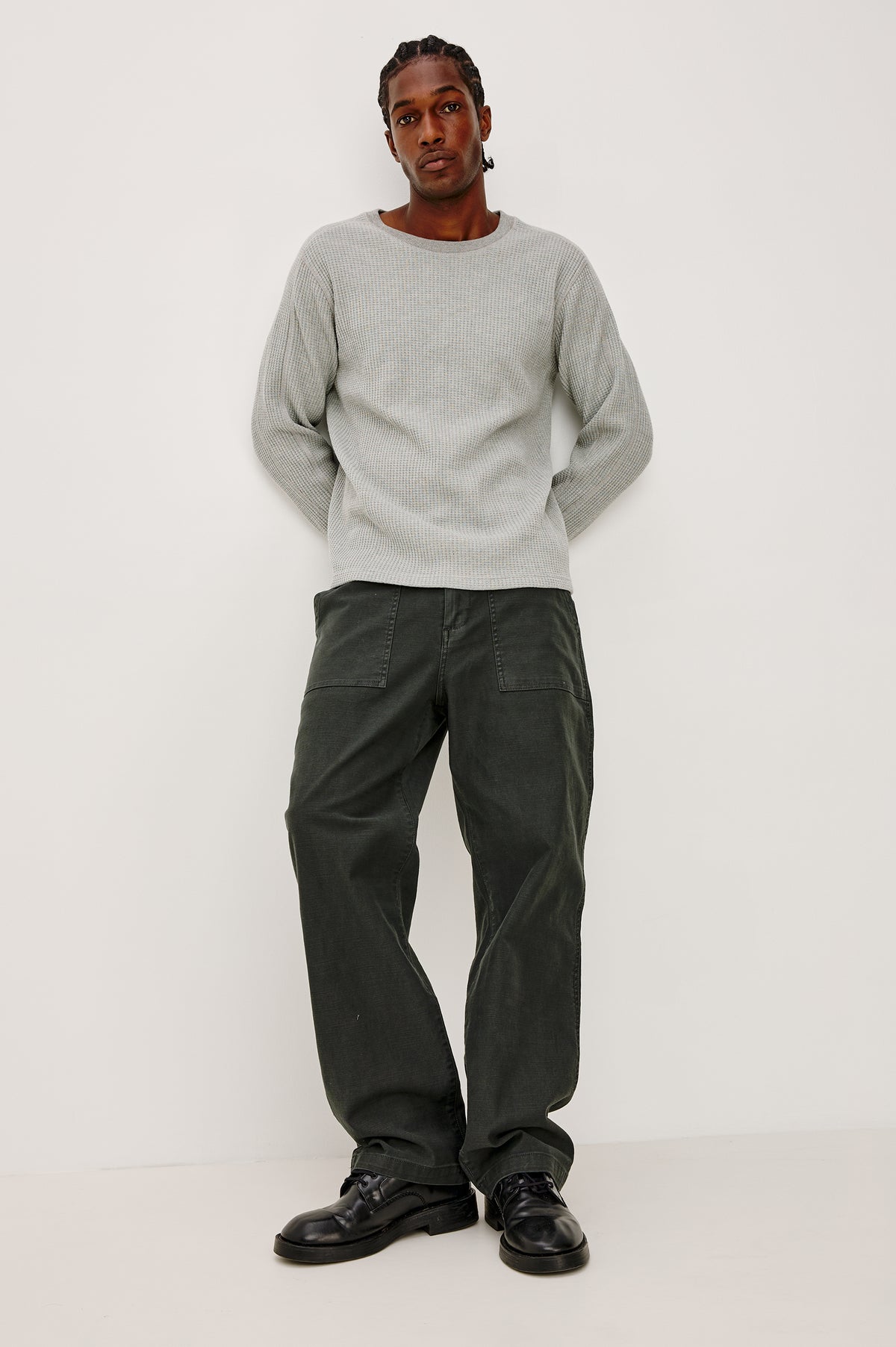 Wade Long-Sleeve Waffle Knit Thermal with a Crew Neck in Heather Grey Colorway - Full Body Front View Featured on Model.