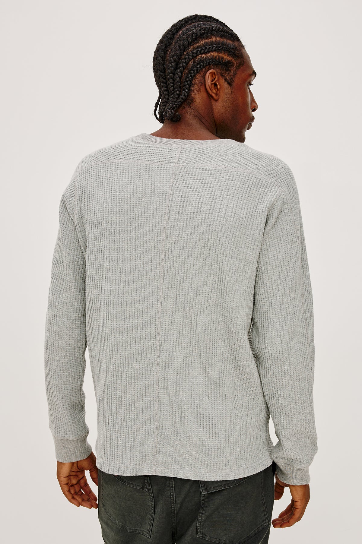 Wade Long-Sleeve Waffle Knit Thermal with a Crew Neck in Heather Grey Colorway - Upper Body Back View Featured on Model.