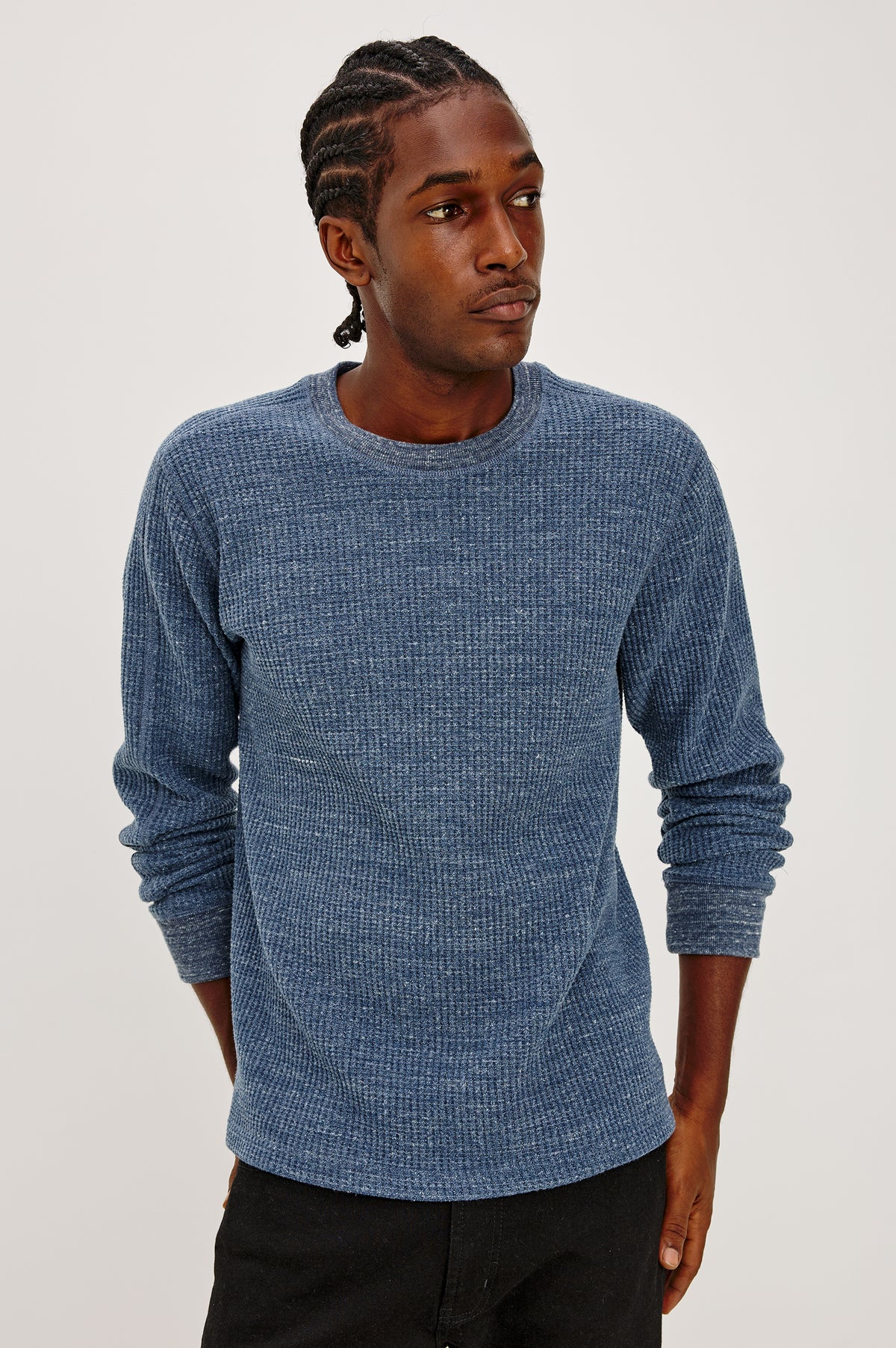 Wade Long-Sleeve Waffle Knit Thermal with a Crew Neck in Medieval Blue Heather Colorway - Front View Featured on Model.